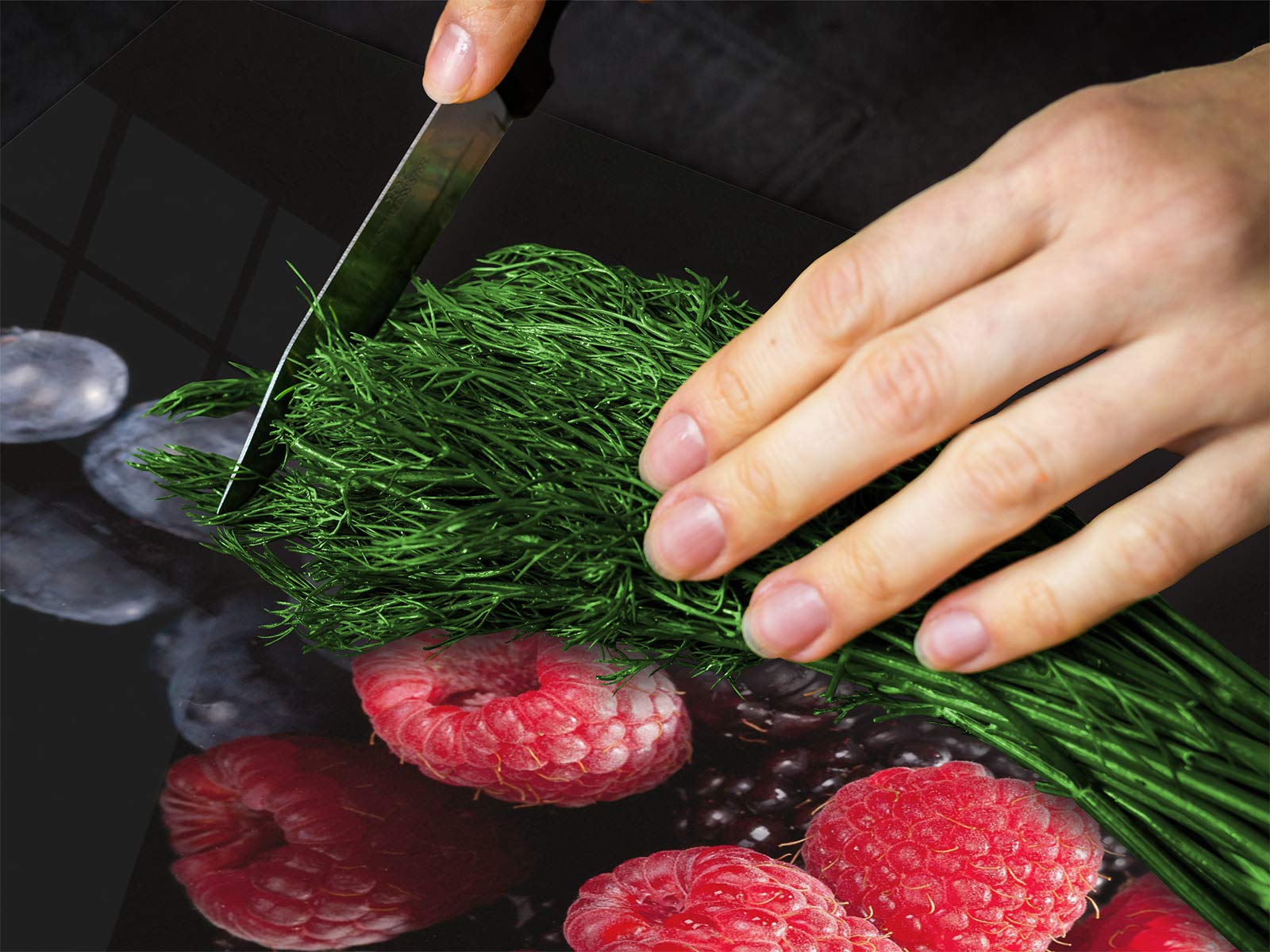 ORIGINALE tagliere in VETRO temperato – Copri-piano cottura a induzione –Tagliere pezzo UNICO (60x52 cm) o DUE pezzi (30x52 cm ognuno); D07 Frutta e Verdura: Frutti 4