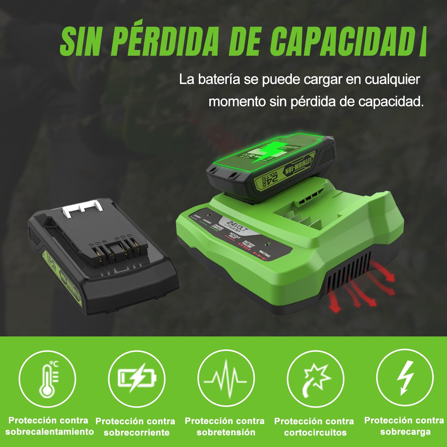 Paquete de 2 baterías de 24 V y 3,0 Ah para Greenworks G24B2 y G24B4 | Batería compatible Greenworks G24B2 G24B4, cargador G24X2UC2