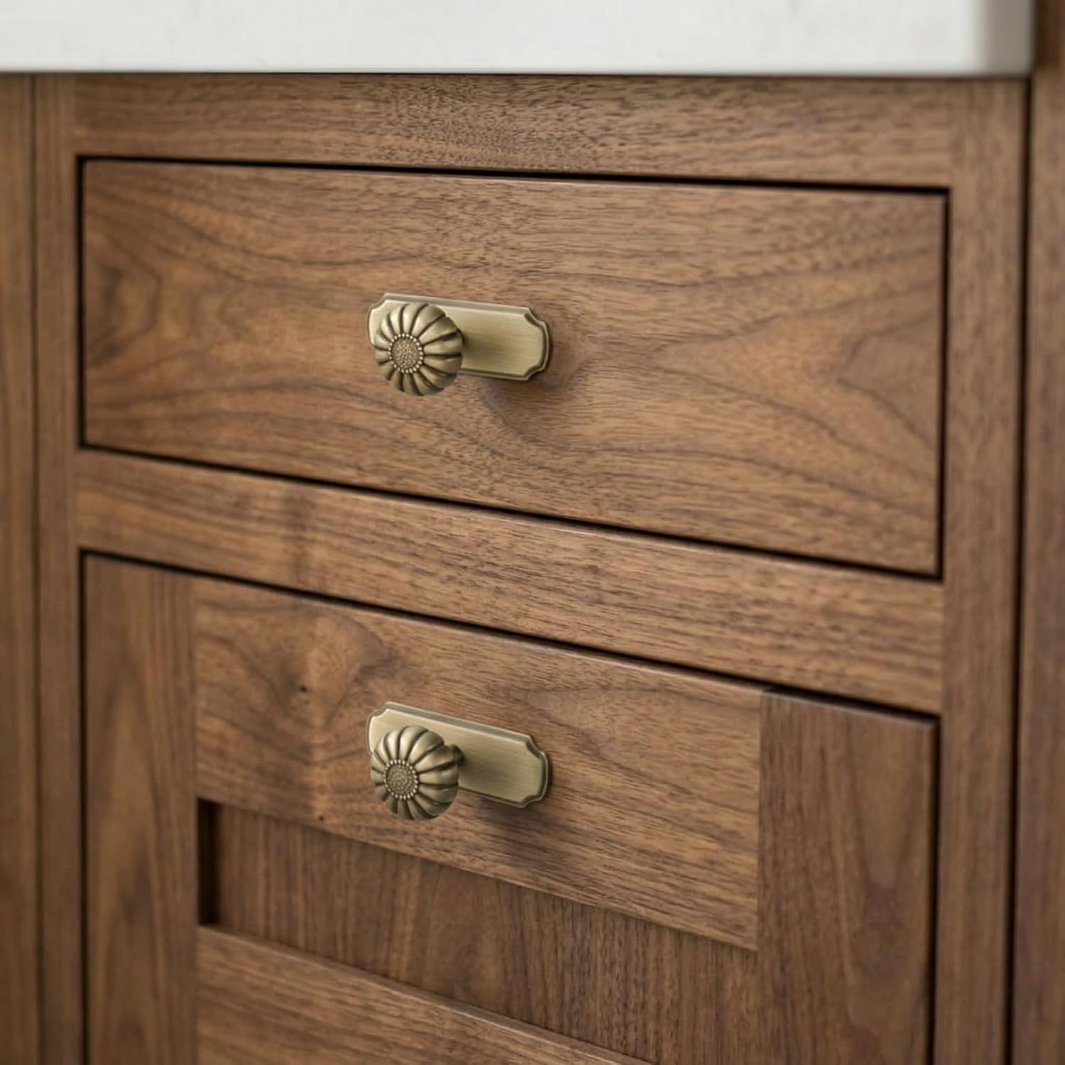 Solid Brass Cabinet Knob with Backplate, Antique Brass Vintage Pumpkin Handle Drawer Pull for Kitchen Cupboard and Dressers, 6 Pack