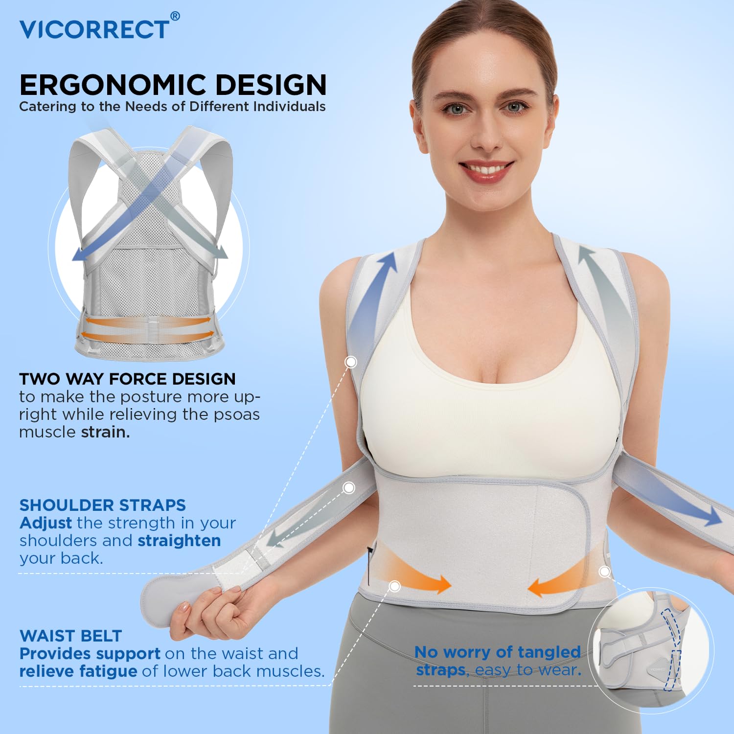 Vicorrect Posture Corrector for Women and Men: Back Support Brace Relieve Upper Back Shoulders Pain (Gray, Large) - Image 2
