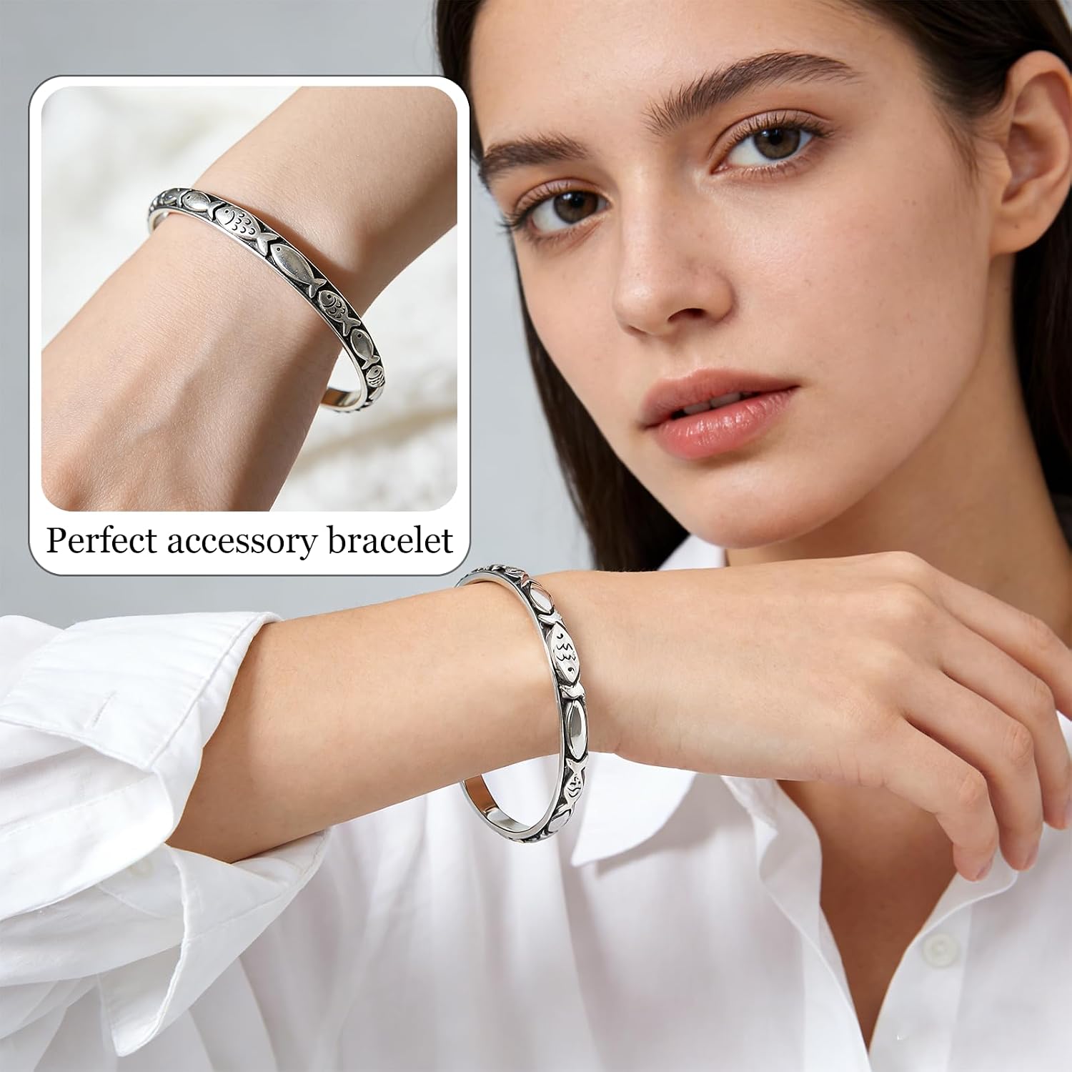1 Pcs Fish Bracelet,Chunky Fish Bangle Bracelets for Women Men,Textured Open Cuff Adjustable Statement,Bracelets Jewellery Women Men,Jewelry Gifts(Silver)