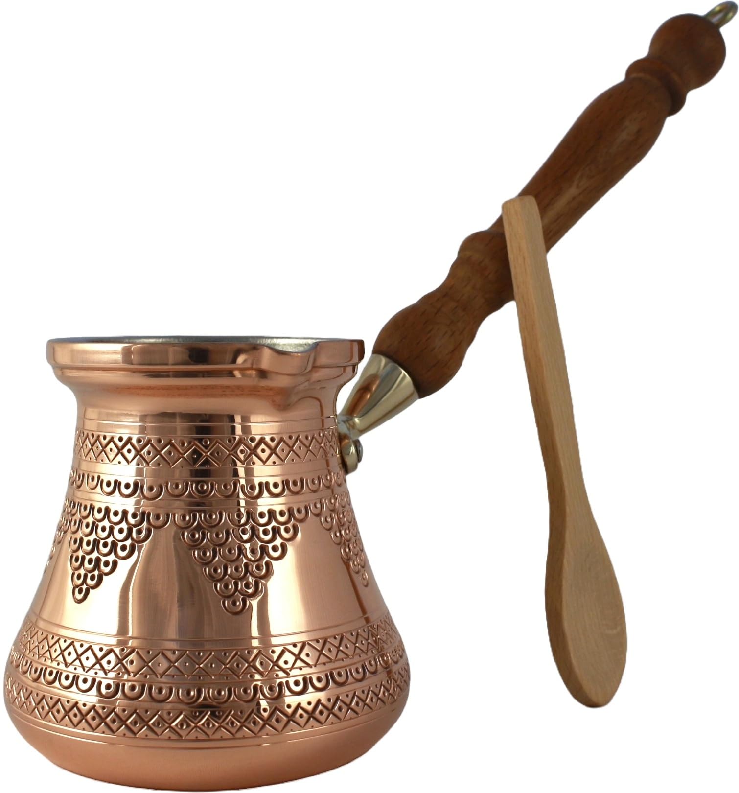 DEDE Copper - PCZ Series (Large-14fl.oz) - Thickest Solid Copper Engraved/Hammered Turkish Greek Arabic Coffee Pot with Wooden Handle, Stovetop Coffee Maker Cezve, Jezve, Jazva, Ibrik, Briki (Shiny)
