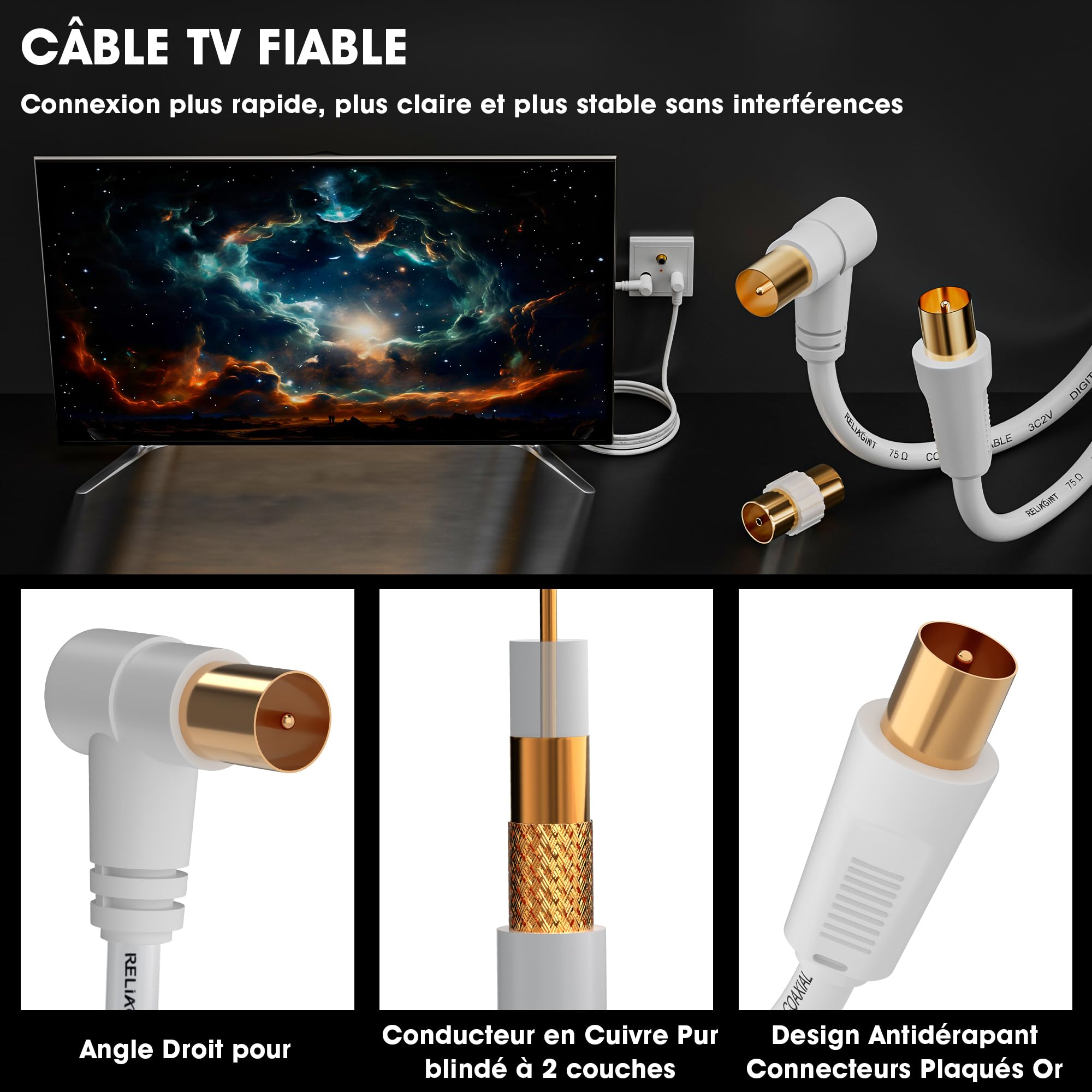 Câble antenne TV 2m coaxial 75 Ohm IEC mâle à mâle double blindage cuivre pur
