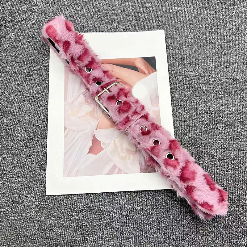 Women's Faux Fur Leopard Print Plush Patchworked Western Style Belt with Metal Buckles2