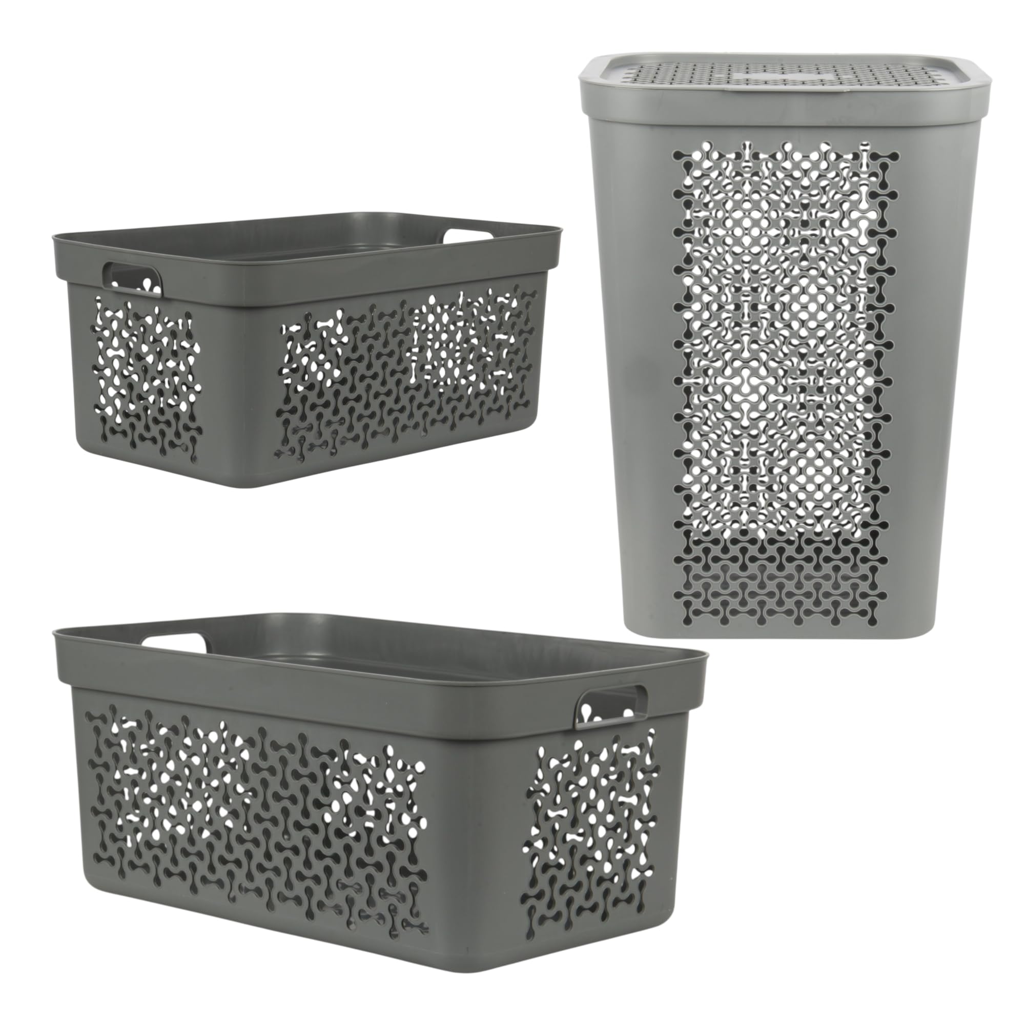 3 Piece Laundry Basket Set โ 20L + 30L + 60L Laundry Hamper with Lid โ Plastic Washing Baskets with Handles & Ventilated Design โ Laundry Sorting System for Home, Bathroom, Bedroom (Anthracite)