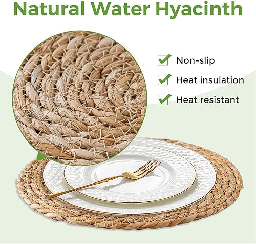 Miniatura 9 de Juego de 10 manteles individuales redondos, 12.5 pulgadas, cargadores de ratán bohemio para platos de cena, manteles individuales de jacinto de agua