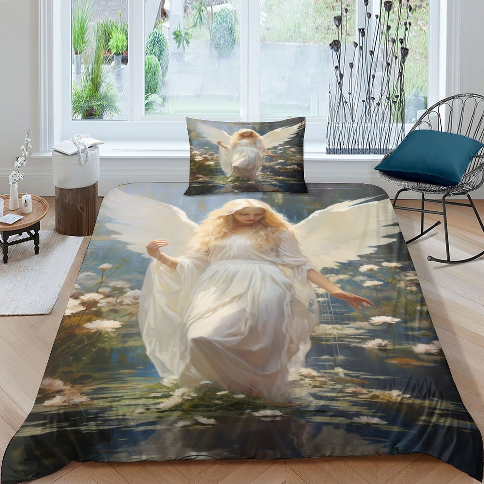 NAHCBIOT Angel in Water Bedding Set Duvet Cover Soft Microfiber Hidden Zipper Quilt Cover with 3D Fairy Elf Print Design for Kids Teenagers Adult 3 Pcs Single（135x200cm）