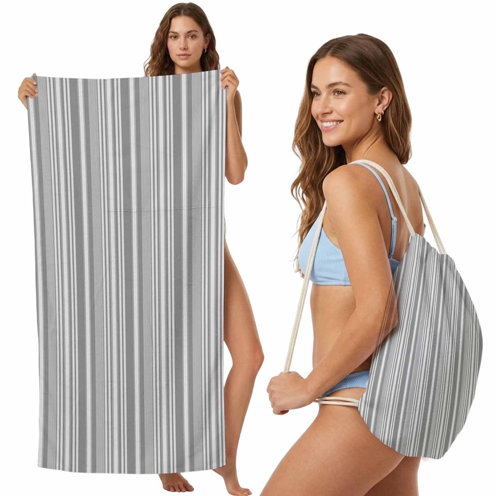 Beach Towel Bag 2 in 1 Grey Pinstripes Bath Pool Towels Backpack Parallel Lines Vertical Stripes Absorbent Beach Towel Soft Quick Dry Lightweight Packable Towels Drawstring Bag for Travel Sports Yoga