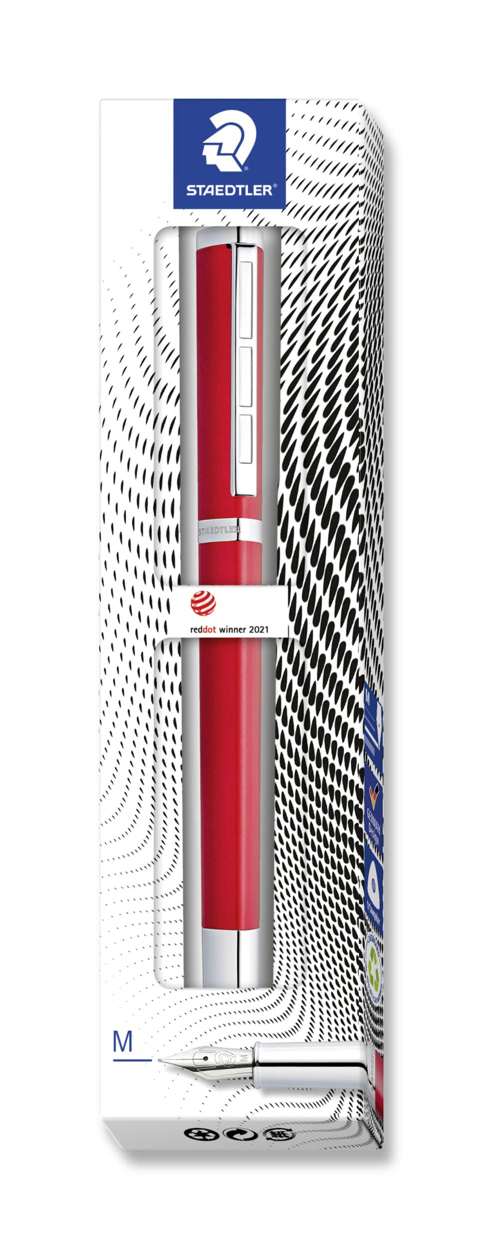 STAEDTLER Fountain pen Triplus 474 F, color roaring red, high-quality metal housing in ergonomic triangular shape, steel spring F, with pattern in writing color blue, 474 F02-3