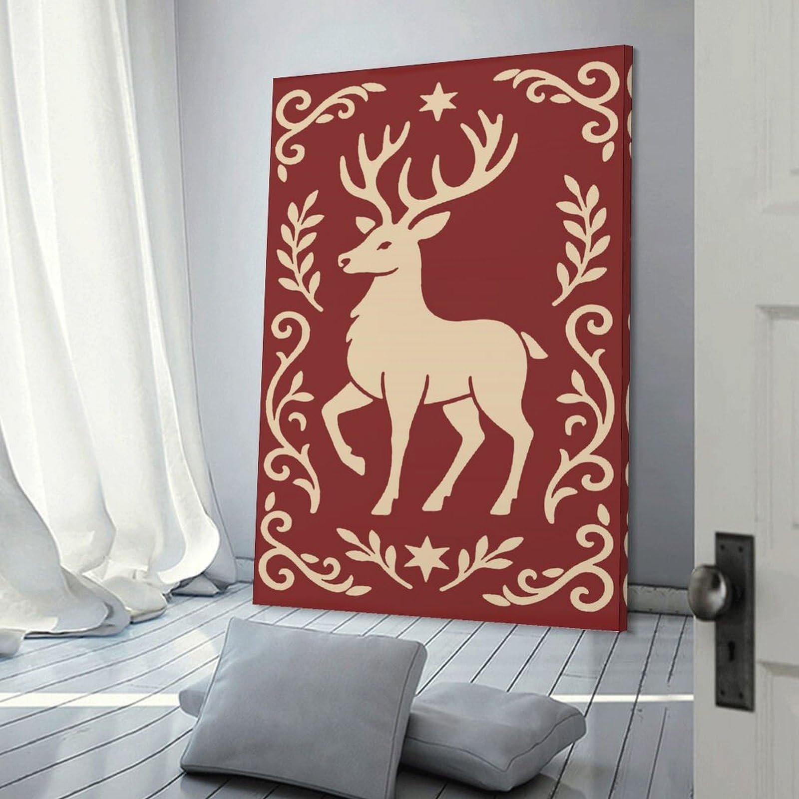 Junmoney Decorative Canvas Print Stag with Floral Border, 24x36inch(60x90cm), for New Homes, Bedrooms Or Workspaces, A Wall Art Gift for Fresh Interiors