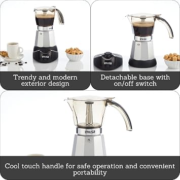 IMUSA 6 or 3 Cup Electric Espresso Maker with Cool-touch Handle, Silver | Cool-Touch Handle, Visual Brewing Indicator, Brown Tinted Carafe, Ideal for Home, Office, Travel, And Small Gatherings