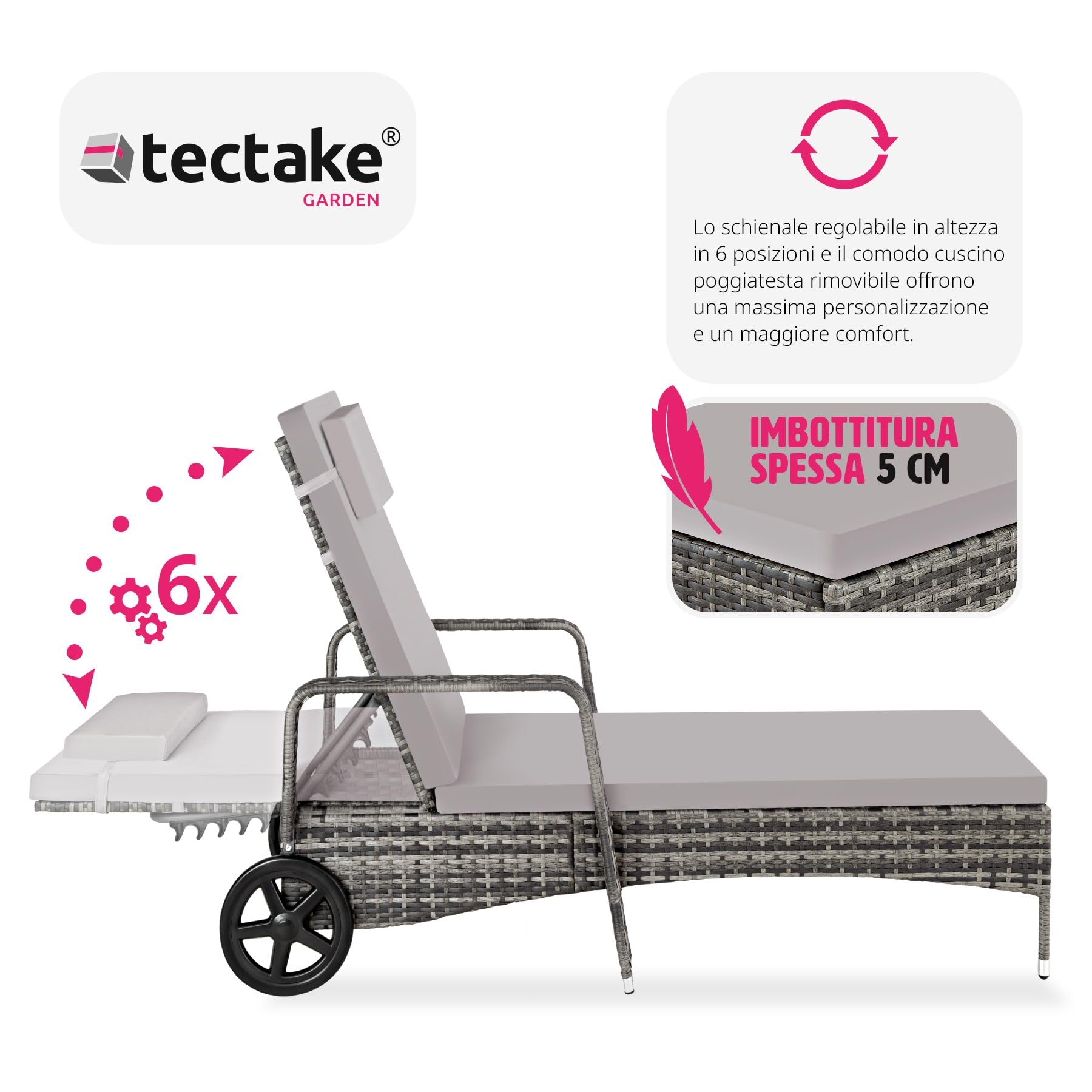tectake® Lettino prendisole Cassis in Alluminio e Rattan, Design Molto Elegante, con Ruote, Adatto per Uso Interno ed Esterno, Poggiatesta Lettino, da Giardino - Grigio