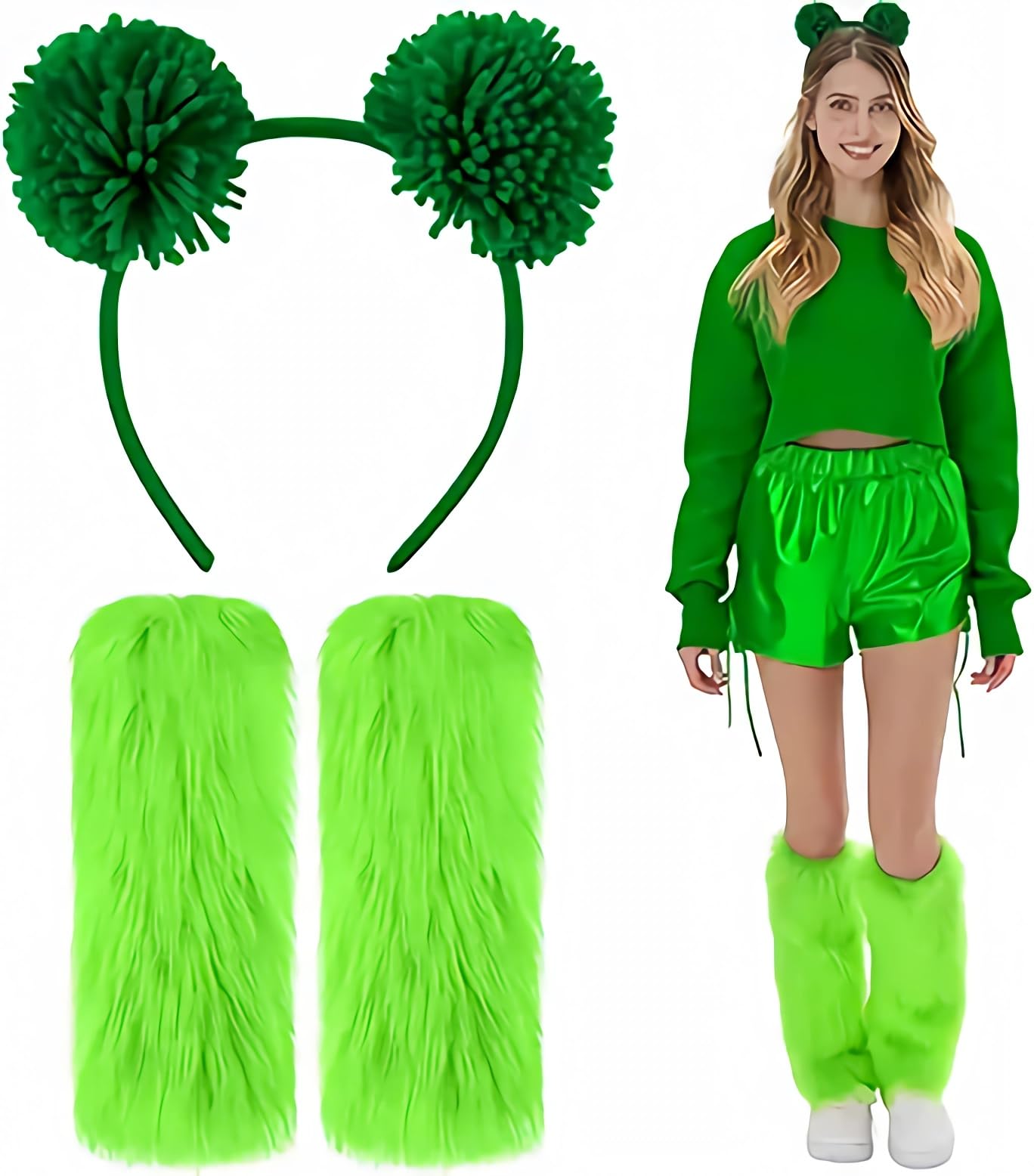 PEZPEOR 2 PCS Green Bear Costume Accessory Set with Pompom Headband Fluffy Leg Warmers Bobble Hair Bow and Furry Boot Adult Women