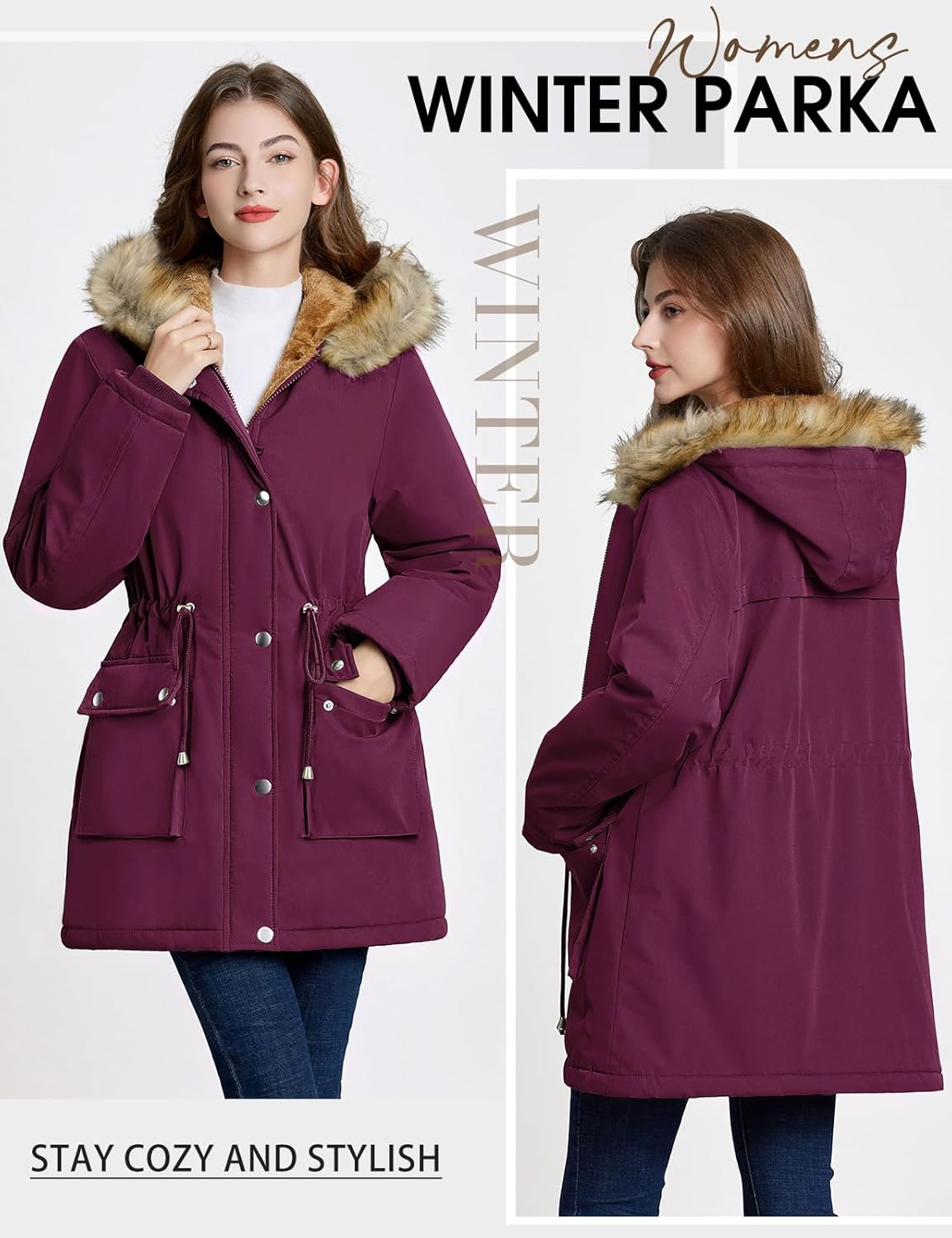 HEEKPEK Women Winter Coats Fleece Lined Parka Jackets Hooded Warm Thicken Coat With Pockets and Fur Hood Trendy Overcoat - Image 5