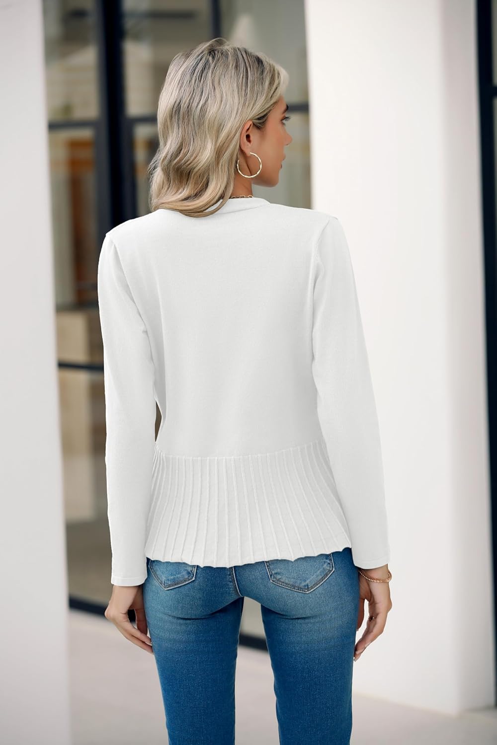 Bettysays Women's Casual Open Front Lightweight Cropped Cardigans Long Sleeve Sweater Soft Draped Peplum Knit Outwear - Image 3