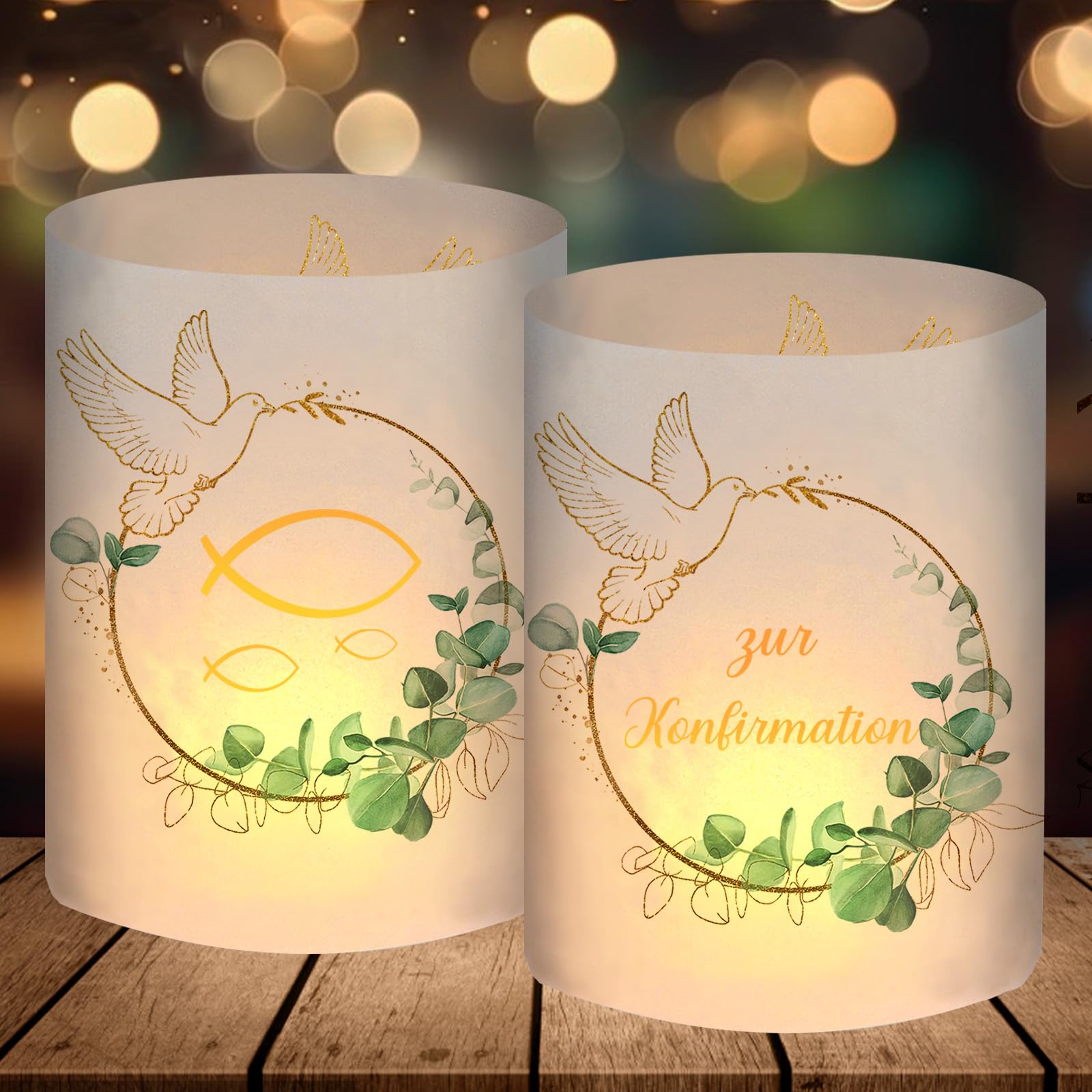 12 Windlicht Tischdeko, Konfirmation Deko Junge Mädchen Eukalyptus Grün, Konfirmation Gastgeschenke Geschenke, Konfirmationsdeko Set, Konfirmationsgeschenke Jungen Mädchen, für Teelichter oder Kerzen