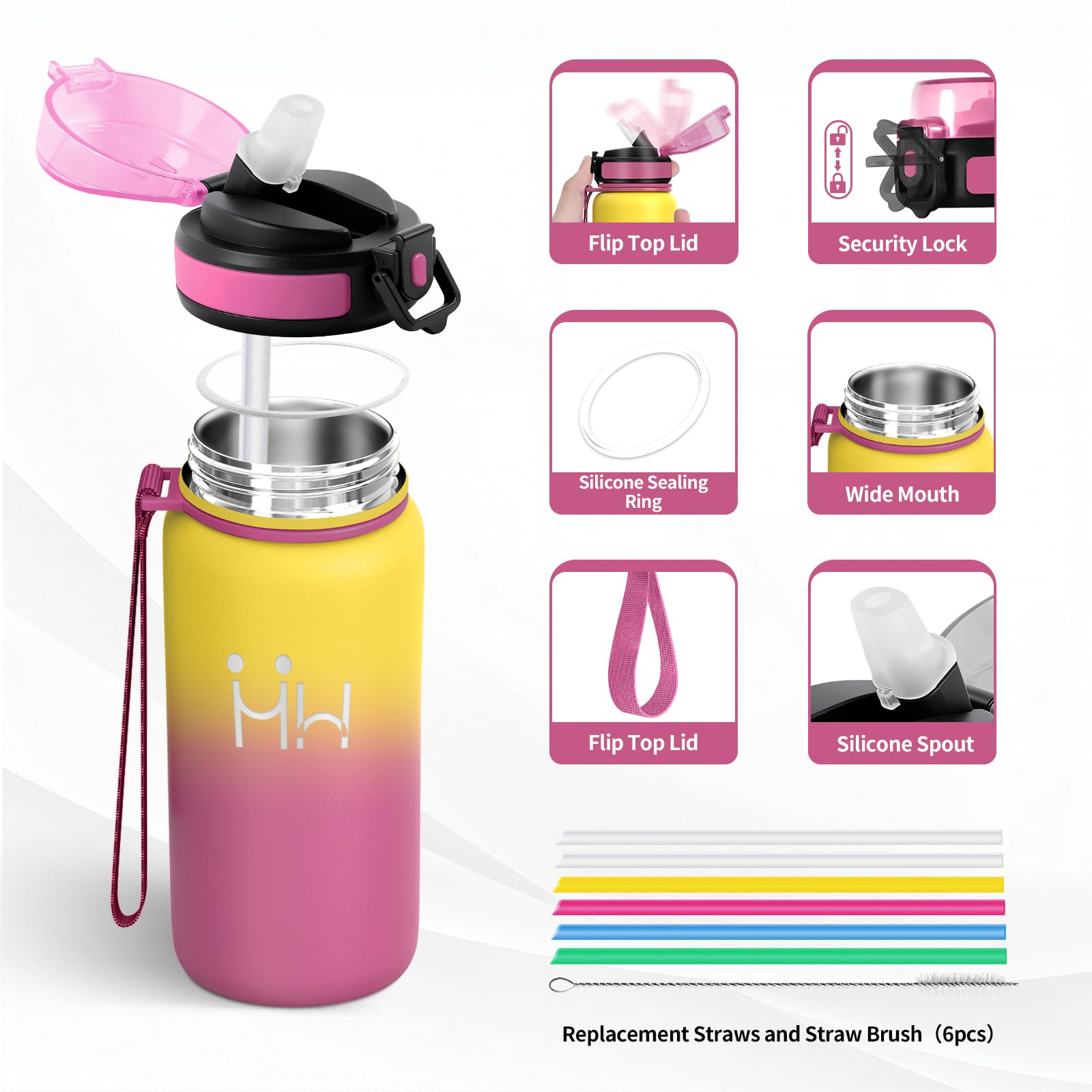 Gourde Inox 500ml, Gourde Isotherme avec Paille, Légère et Résistante, sans BPA, Anti-Fuite, Double Paroi Isolante, pour l'École, le Camping, Sports - 3