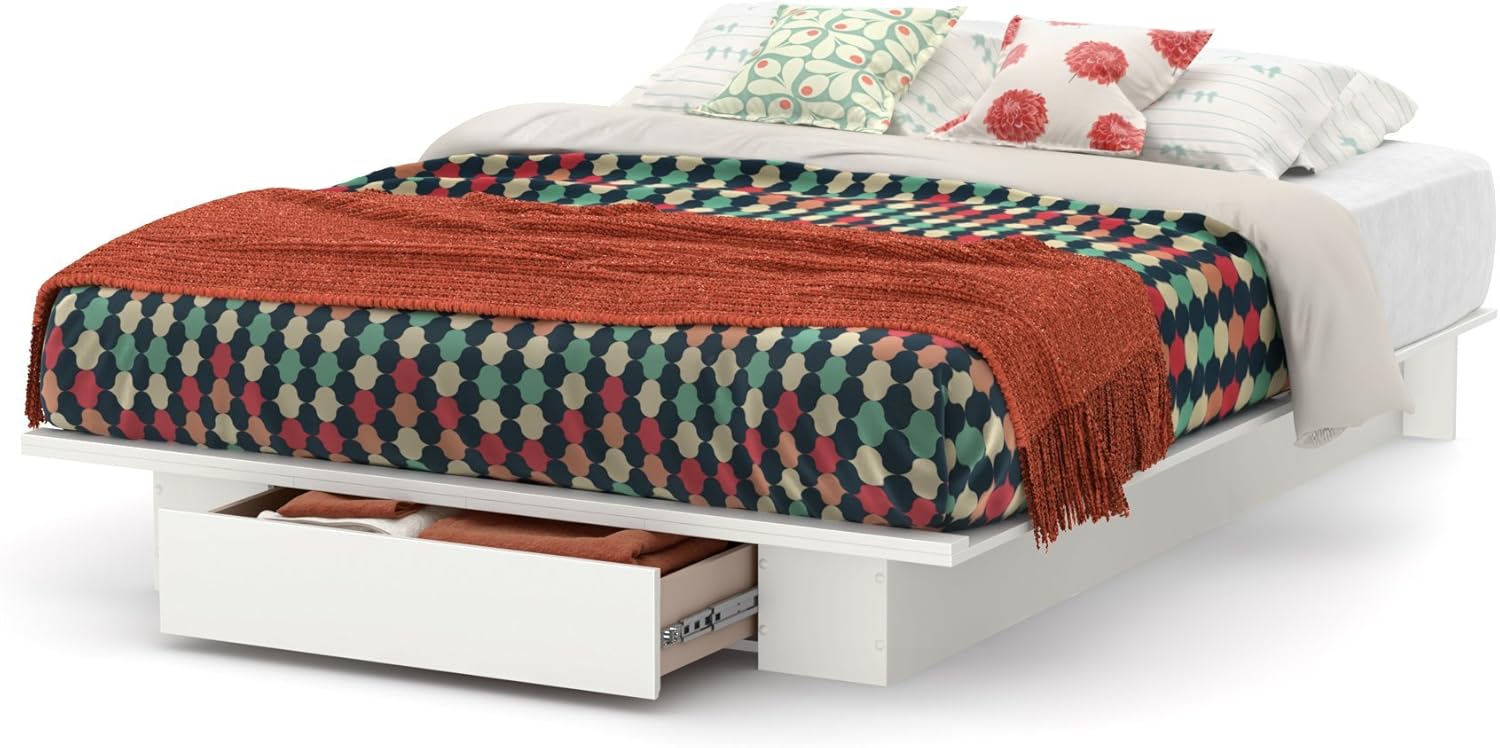 White Queen Platform Bed with Single Drawer