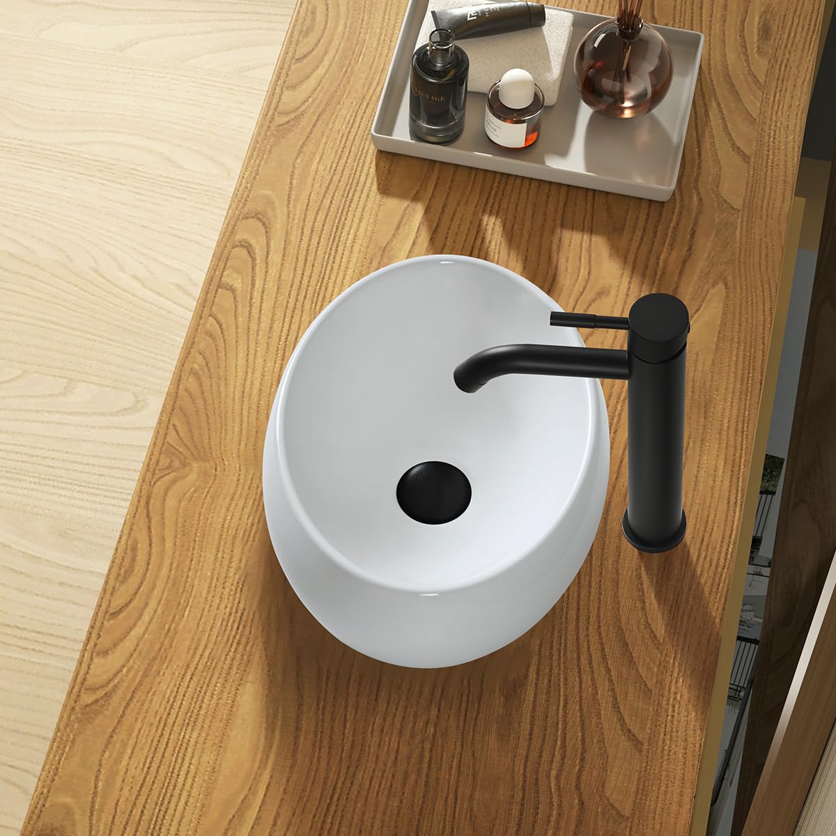 Fregadero ovalado de cerámica de 16 x 11.8 x 5.3 pulgadas, fregadero de baño sobre encimera con grifo y drenaje emergente, diseño curvado suave, duradero y fácil de instalar y limpiar