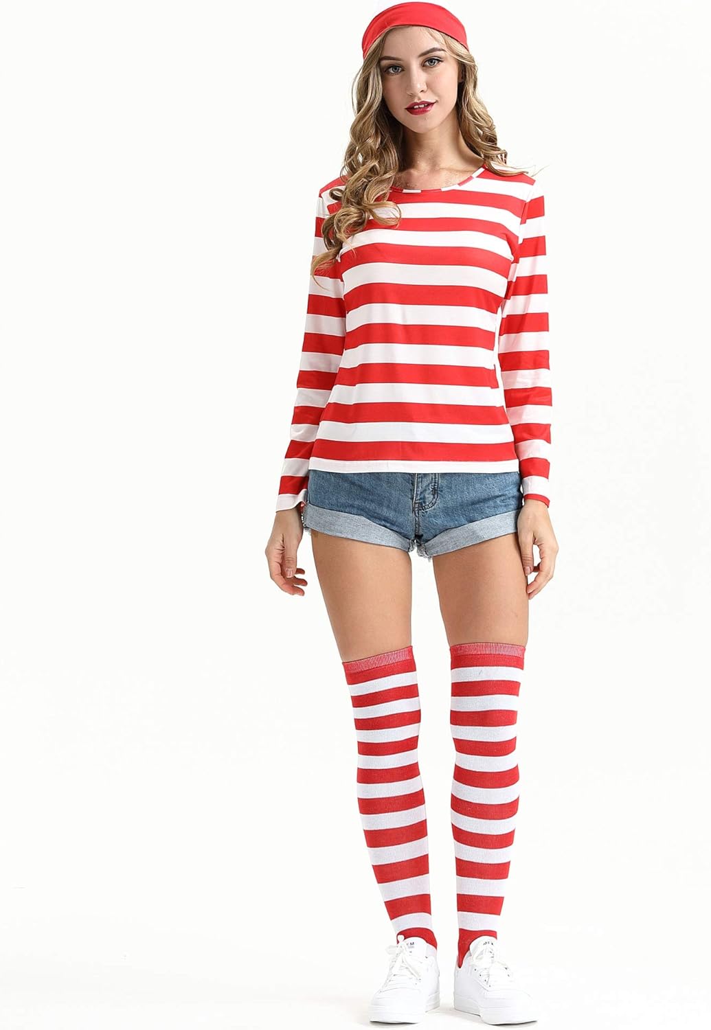 Adult Red&White Stripes Shirt Costume T-shirt Knit Beanies Striped Socks Nerd Glasses,Halloween Costumes - Image 3