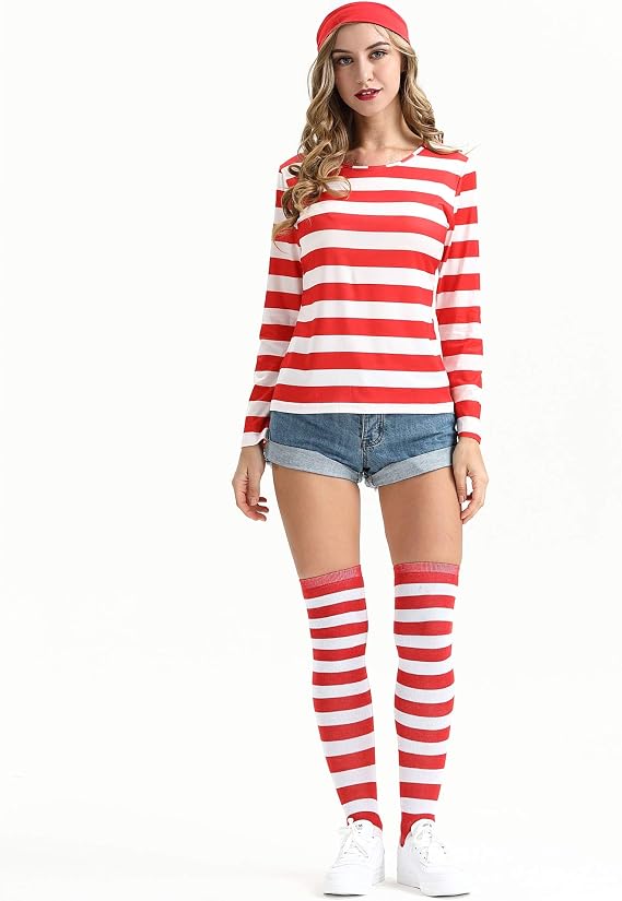 Red and White Striped Shirt Waldo Costume Women,Funny Sweatshirt Men,Wizard Glasses Hat Suits,Halloween Cosplay Shirts
