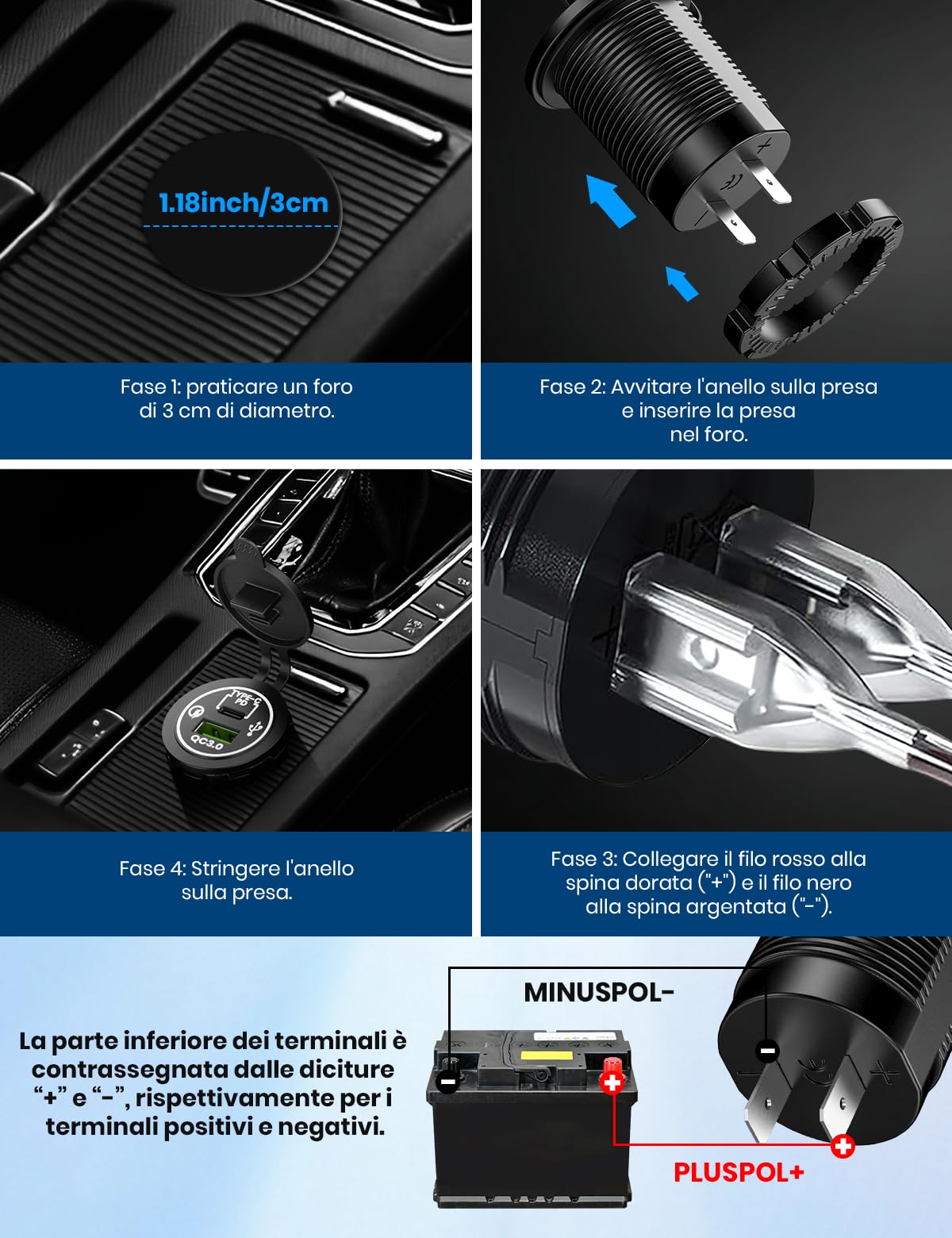 Adattatore USB-C per Accendisigari 15,5W - Presa Auto 12V/24V, 5V/1A & 5V/2,1A PD - Caricatore per iPhone, Samsung Galaxy, Huawei, Xiaomi, Sony con Spia Luminosa Blu (15.5W PD+USB)