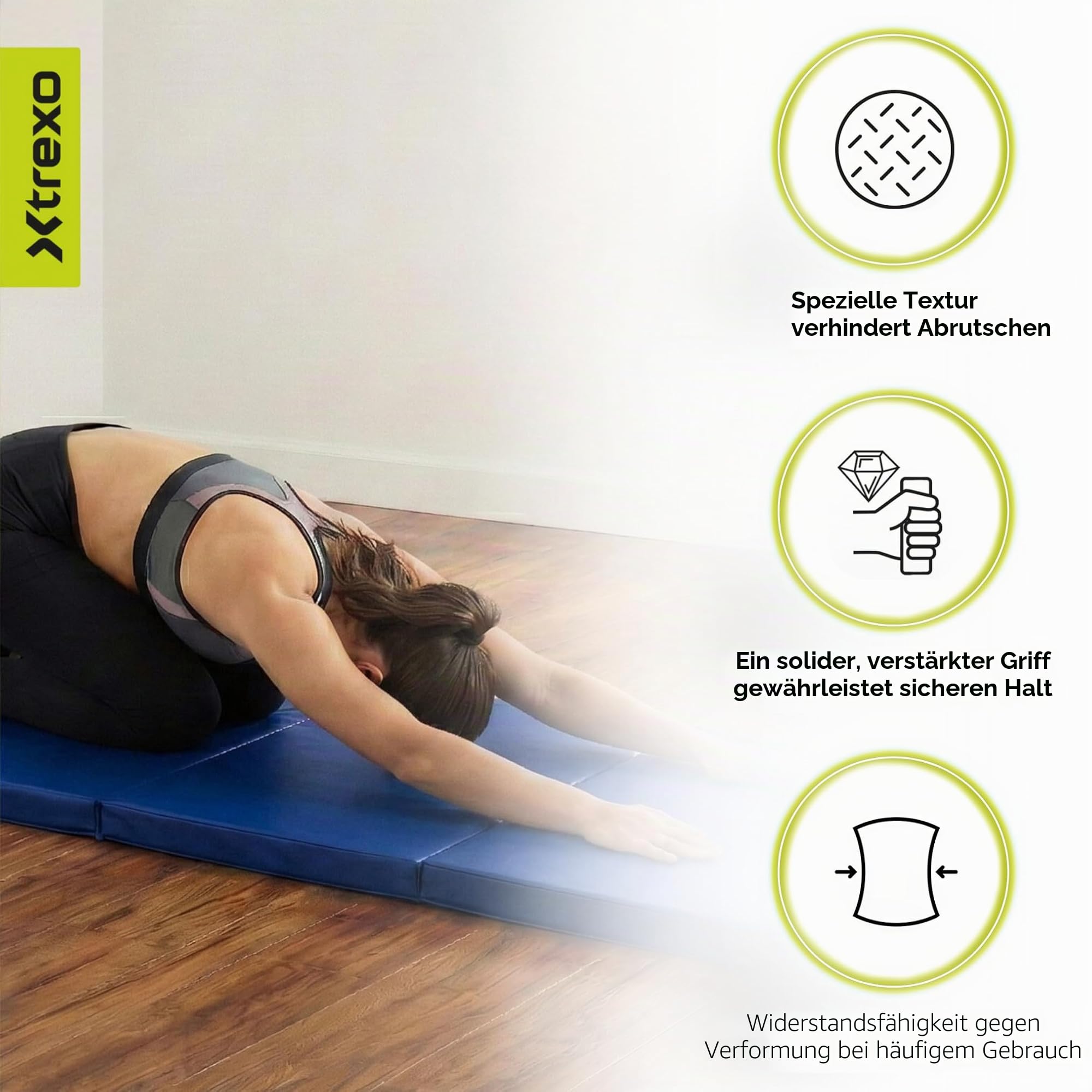 XTREXO Klappbare Gymnastikmatte – Turnmatte 4-teilig – Kunstleder & EPE-Schaumstoff – Faltbar mit Tragegriffen – Rutschfest für Training, Yoga & Kinderzimmer