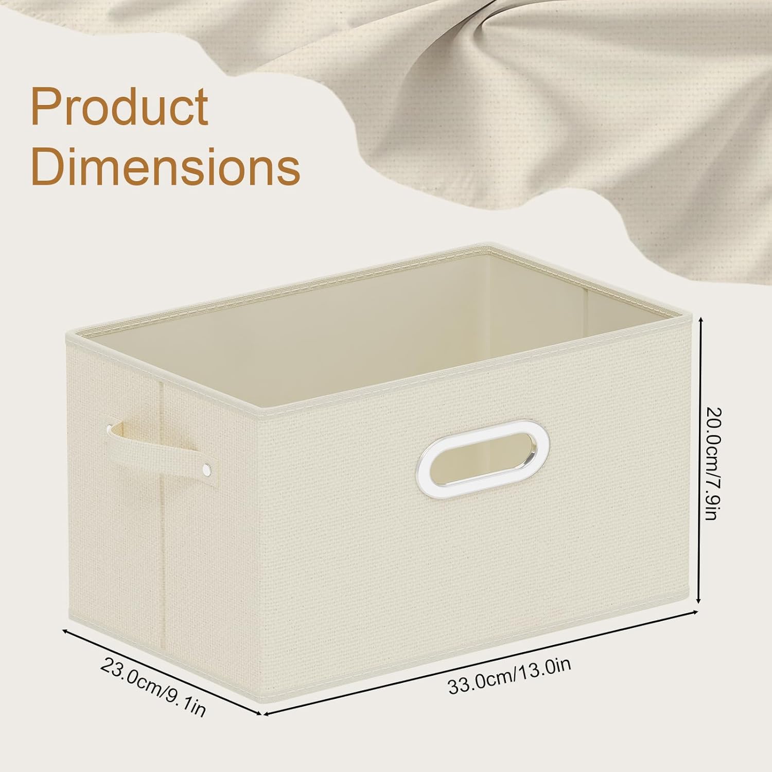 Foldable Cloth Basket with 4 Handles, Decorative Open Storage Boxes, Stackable Cube Organization, Fabric Bins for Shelves, Closet, Living Room, 13x9.1x7.9in, Beige, 4 Pack
