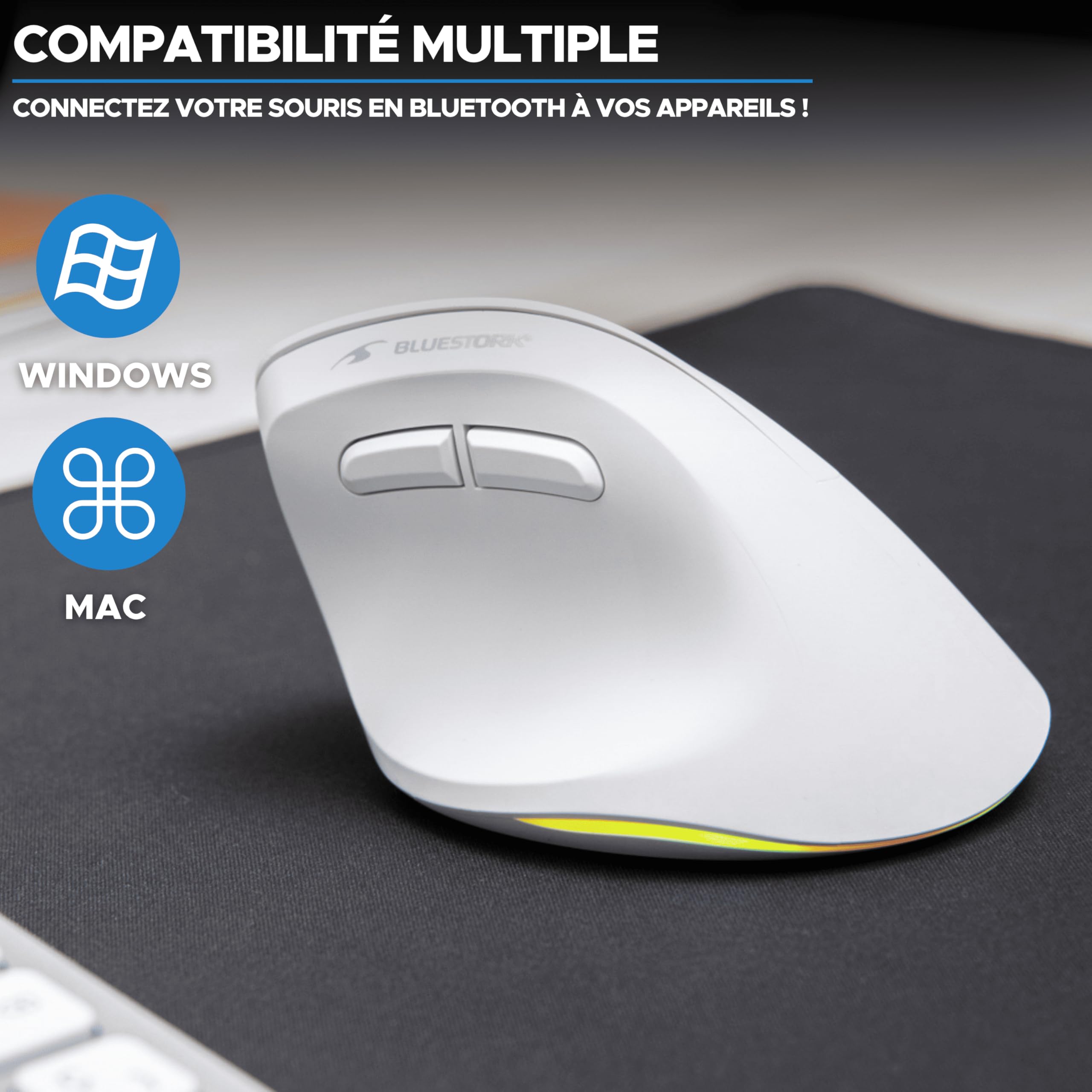 Bluestork - Ergonomiczna mysz bezprzewodowa, połączenie 2,4 Ghz + Bluetooth, 800-2400 DPI, 6 przycisków, LED RGB - ergonomiczna mysz pionowa, zapobieganie bólom - PC, Mac, IPAD, tablet, praworęczny
