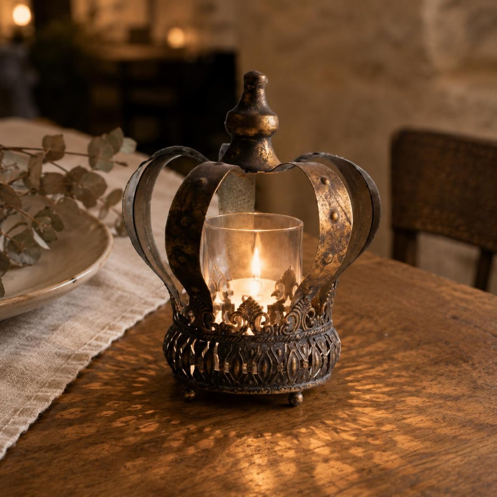 Crown Kerzenhalter Kronenleuchter Teelichthalter Tischleuchter Eisen Glas Einsatz Retro Charakter Antik Bronze mit Offenen Verzierungen Und en Füßen, Groß