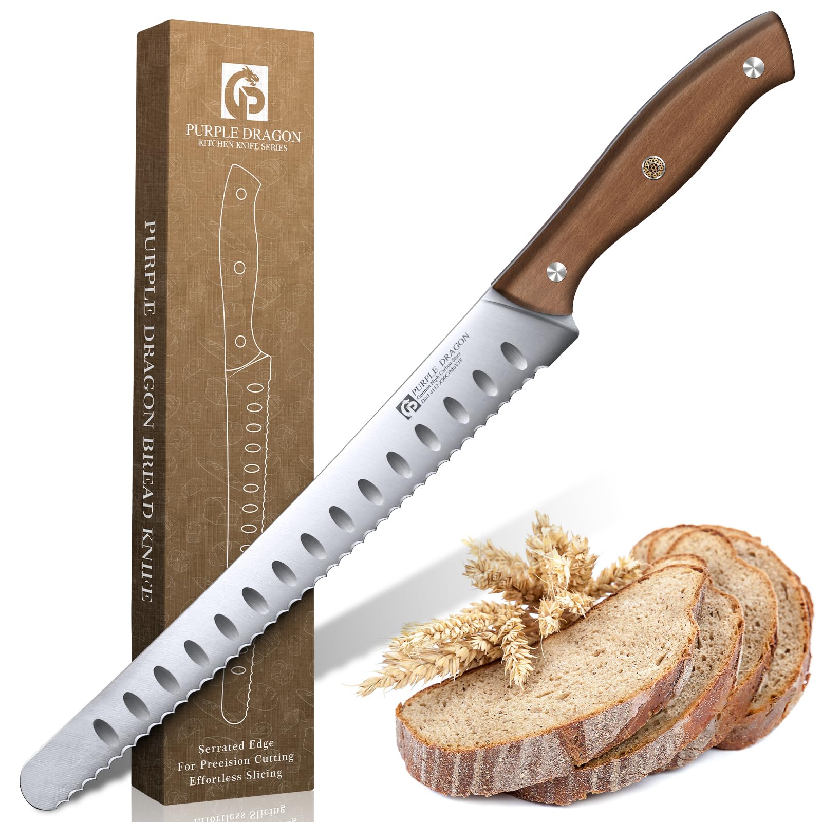 Purple Dragon Brotmesser Wellenschliff mit ergonomischem Holzgriff, Brötchenmesser aus deutschem Hochkarbonstahl, Rundes Sägemesser für selbstgebackenes Brot, Sauerteig, Kuchen, scharfe Messerklinge