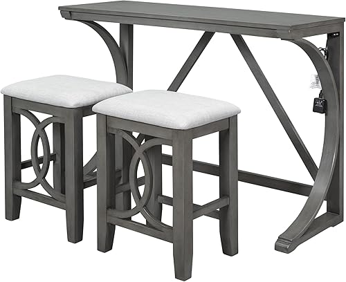 Mesa de comedor de altura de mostrador de granja mesa de cocina y sillas para 3 juego de mesa de comedor que ahorra espacio con puerto USB y