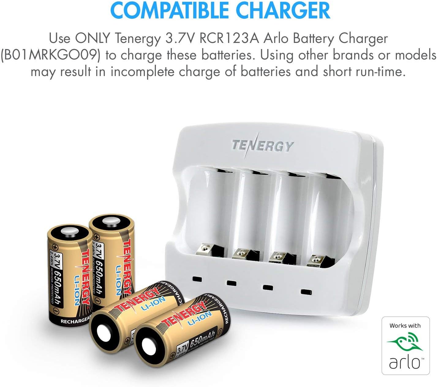Tenergy Fast Charger ONLY for Arlo Certified Tenergy 3.7V 650mAh RCR123A Li-ion Rechargeable Battery, CE and FCC Certified