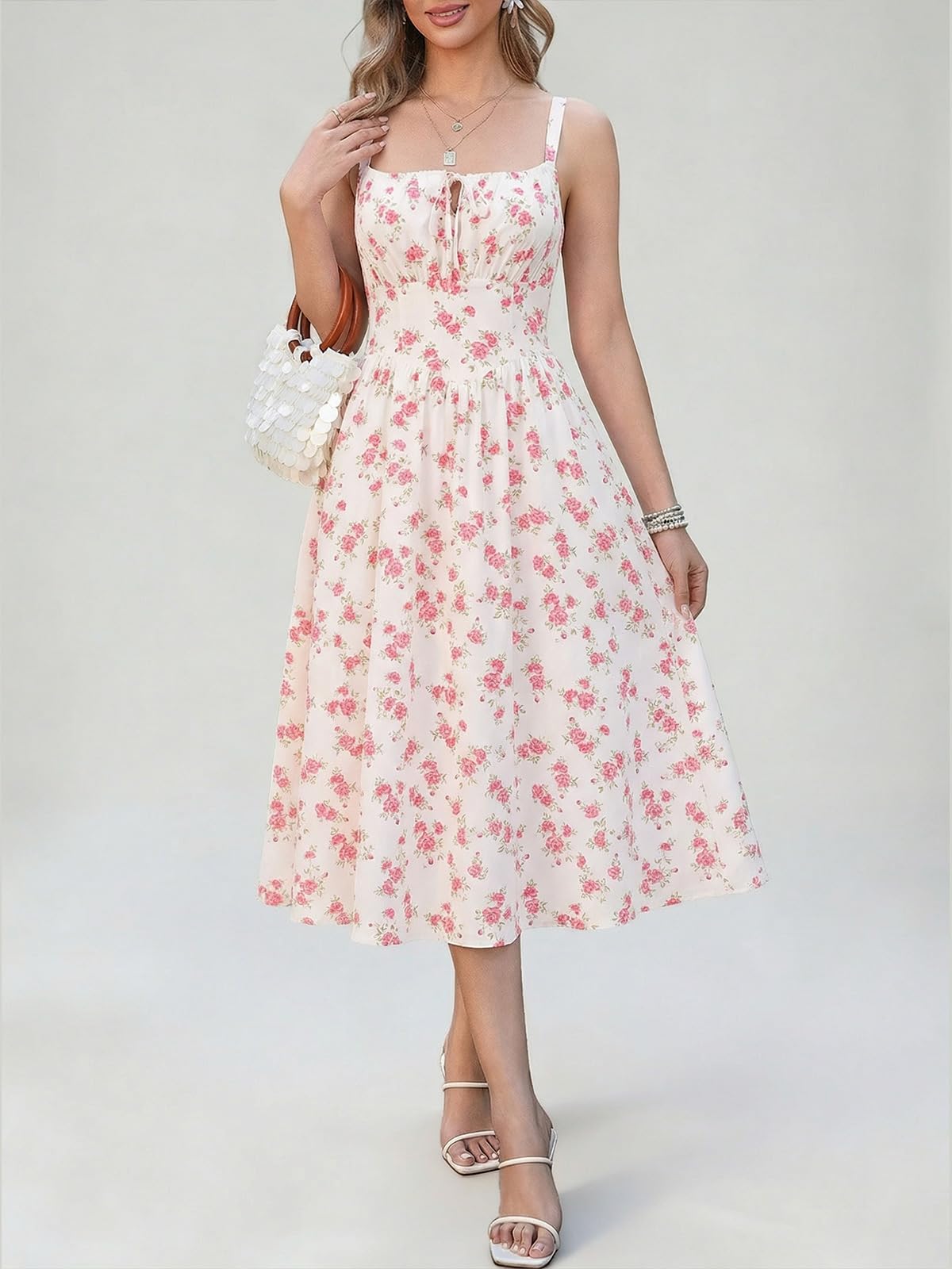 Cicy Bell Abito Estivo da Donna, con Motivo Floreale, Senza Maniche, con Spalline