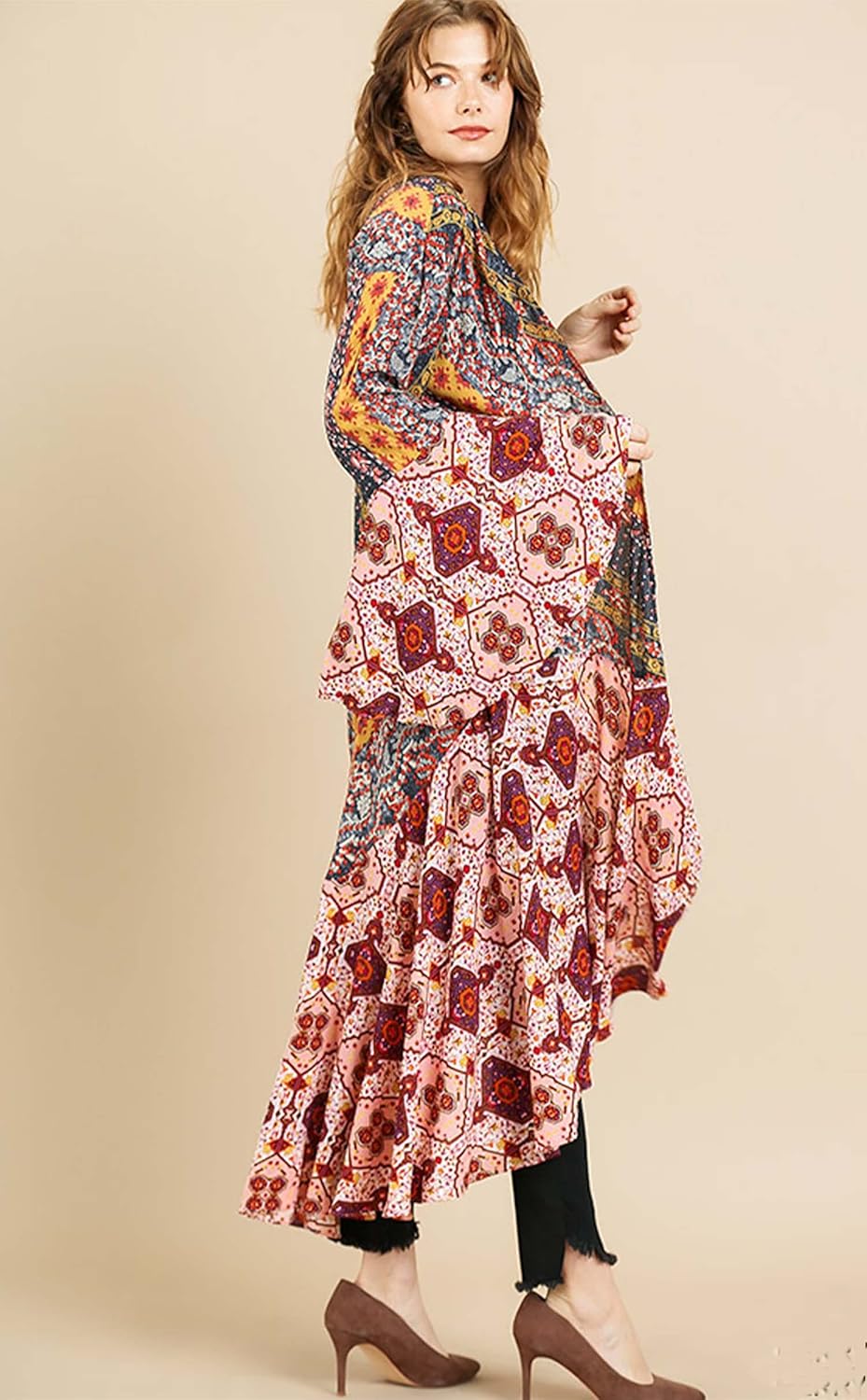 Umgee Womens Ruffled Long Body Kimono with a Multicolored Print
