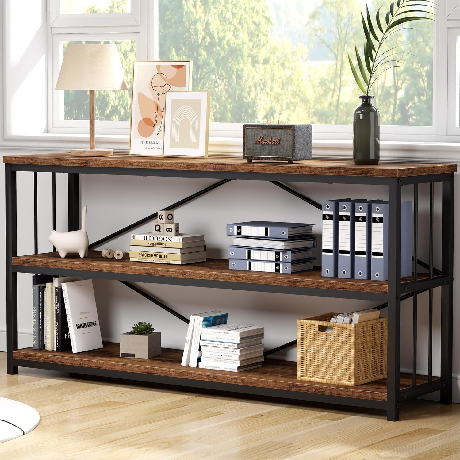 IBF Low Rustic 3 Tier Bookshelf, Industrial Horizontal Wood Bookcase, Farmhouse Long Wide Open Metal Etagere, Modern Large Vintage Book Shelf for Home Office Bedroom Living Room, Rustic Brown, 63 Inch