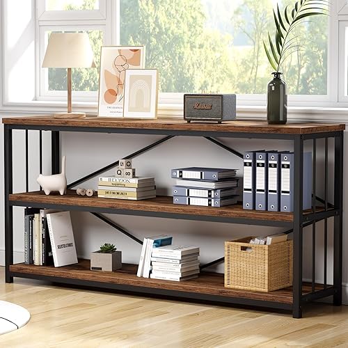 Miniatura 2 de IBF Estantería baja rústica de 3 niveles, estantería industrial de madera horizontal, Etagere de metal abierto largo de ancho, moderno estante