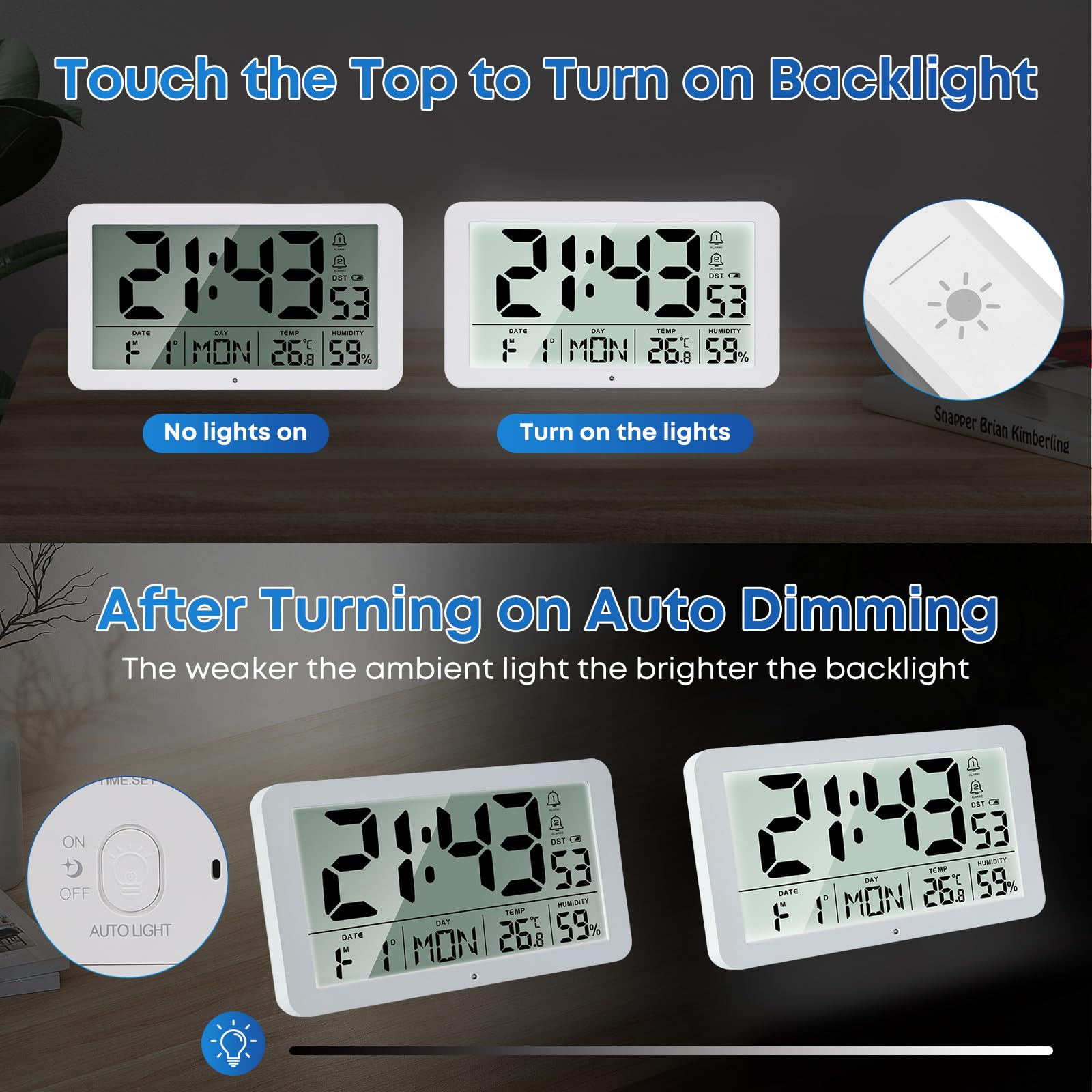 Seutgjie Digitale Wanduhr Groß 9 Zoll Tischuhr Seniorenuhr mit Datum Wochentag Temperaturanzeige Feuchtigkeit DST-Funktion 2 Weckzeiten Snooze Modi 12/24 Stunden