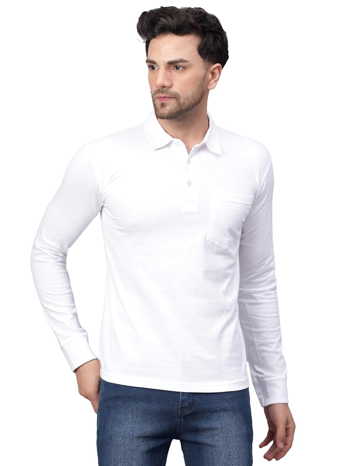 FLEXIMAA Men’s Cotton Polo Neck Full Sleeve T-Shirt with Pocket