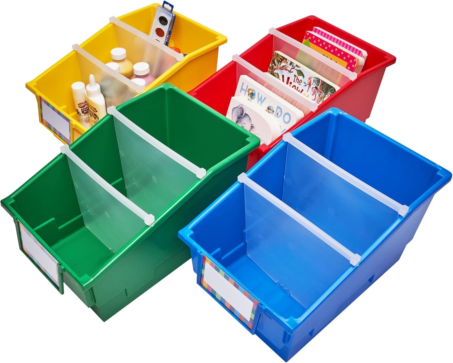 Really Good Stuff Chapter Book Library Bins with Dividers, 8¾" x 13½" x 7¾" - 4 Pack, Primary Colors | Large Plastic Shelf Bin Organizer for Classroom Library, Books, Documents, Files, Magazines Primary Colors, 4 Bins