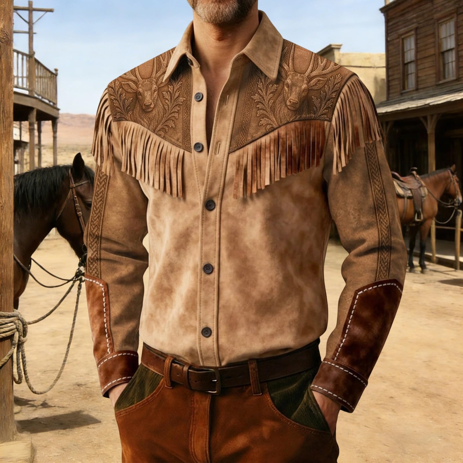 Generico Camicia Uomo Regular Fit Camicia Western Stile Cowboy con Frange Decorazione per Casual da Festival Musicale Country con Bottoni e Maniche Lunghe