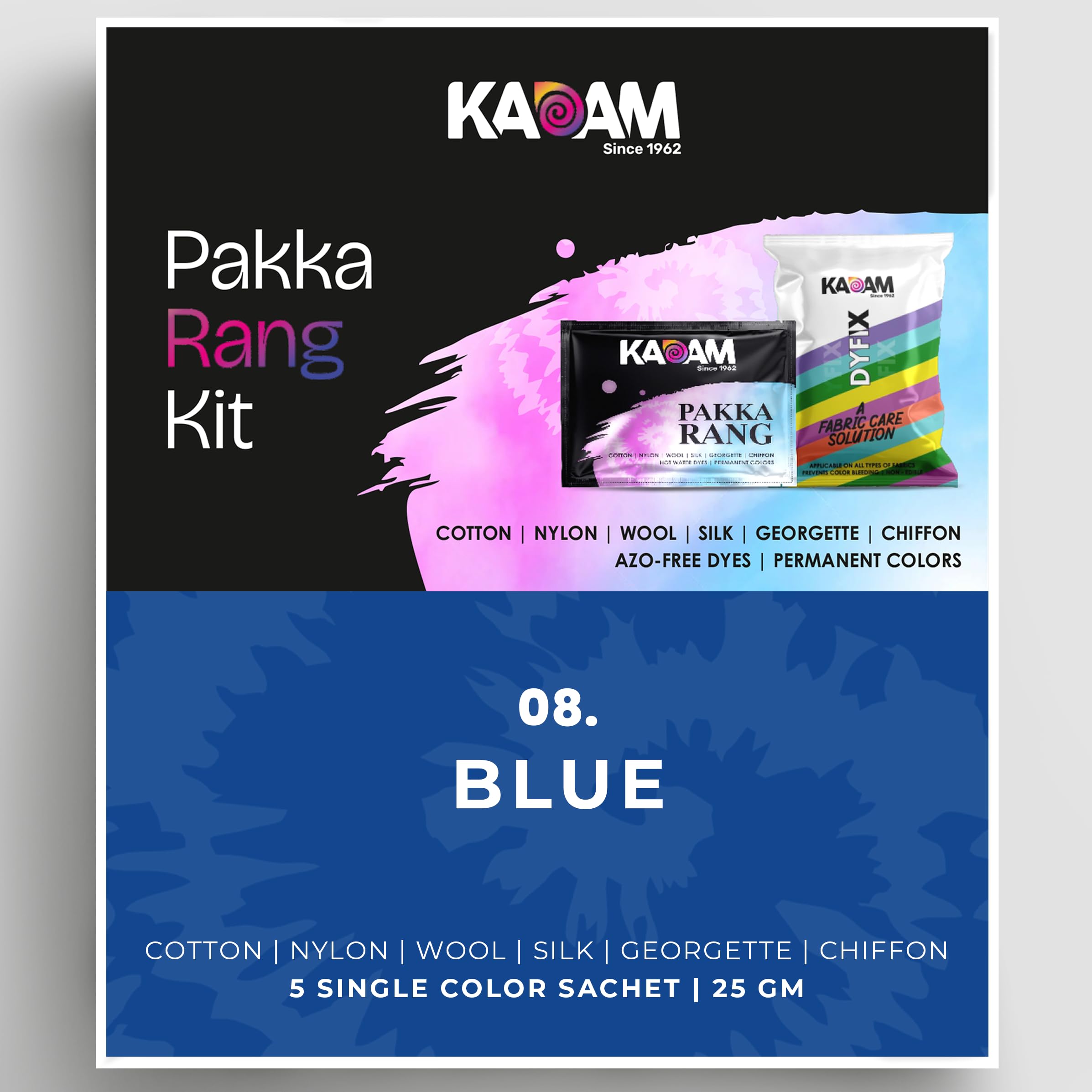 Kadam Pakka Rang Fabric Dye Colour | 25g Pack | Includes DyFix Color Fixer | Permanent Fabric Dyes for Old Faded Jeans and Clothes (Blue)