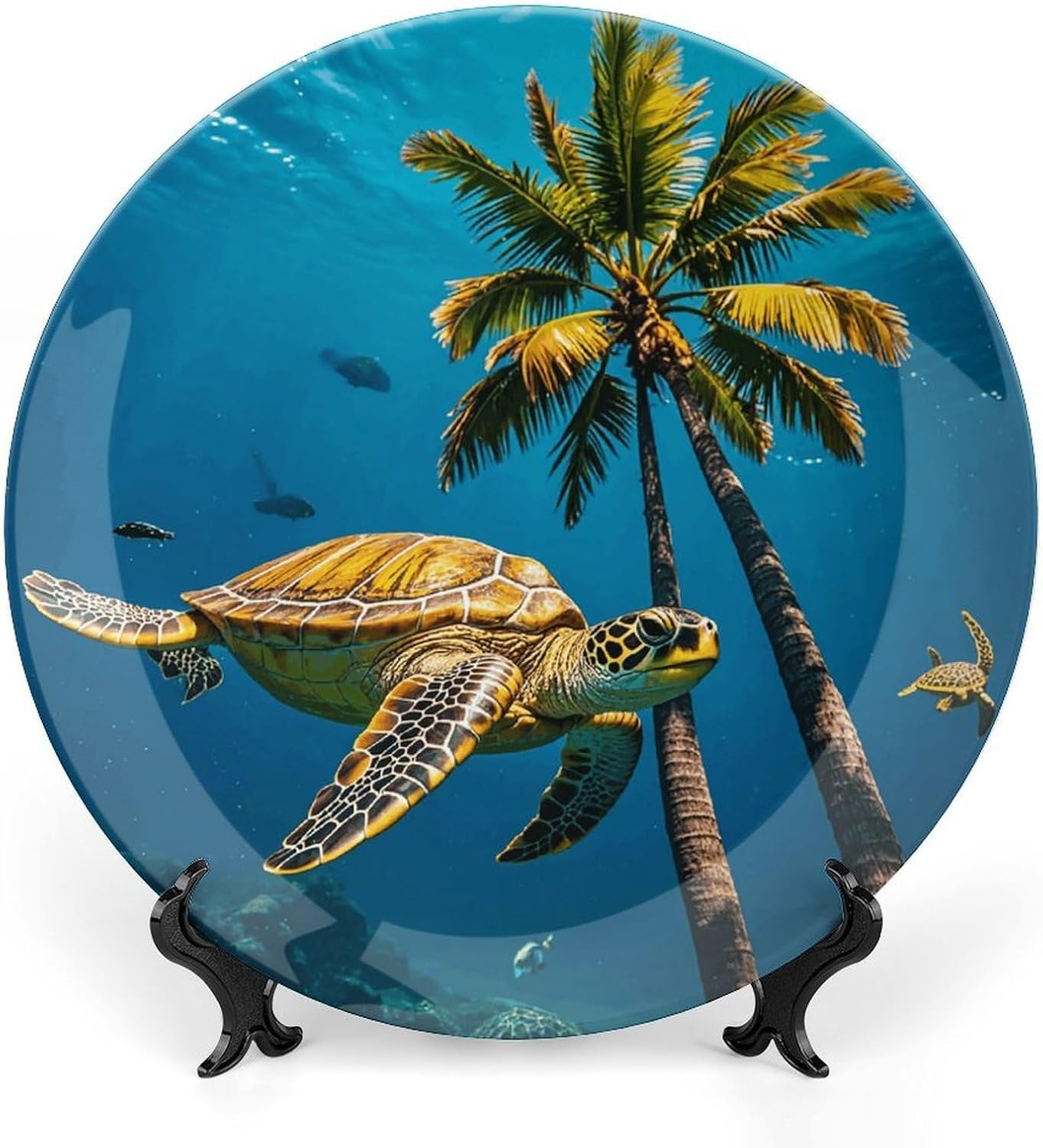 Palm Trees And Sea Turtles Diving Underwater Ceramic Plate 10inch Decorative Bone China Wall Hanging Ornament Plates Bohemian Style Dinner Plate with Display Stand Cabinet Display Plates for Home Art
