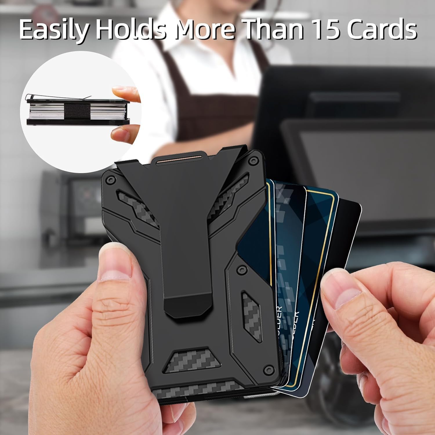 Slim Wallet for Men, Metal Aluminum RFID Blocking Money Clip Wallet with Clear ID Window & ID Card Holder, Minimalist and Carbon Fiber Tactical Design, Anti-Scratch, Holds 15 Cards Plus Cash - Image 6