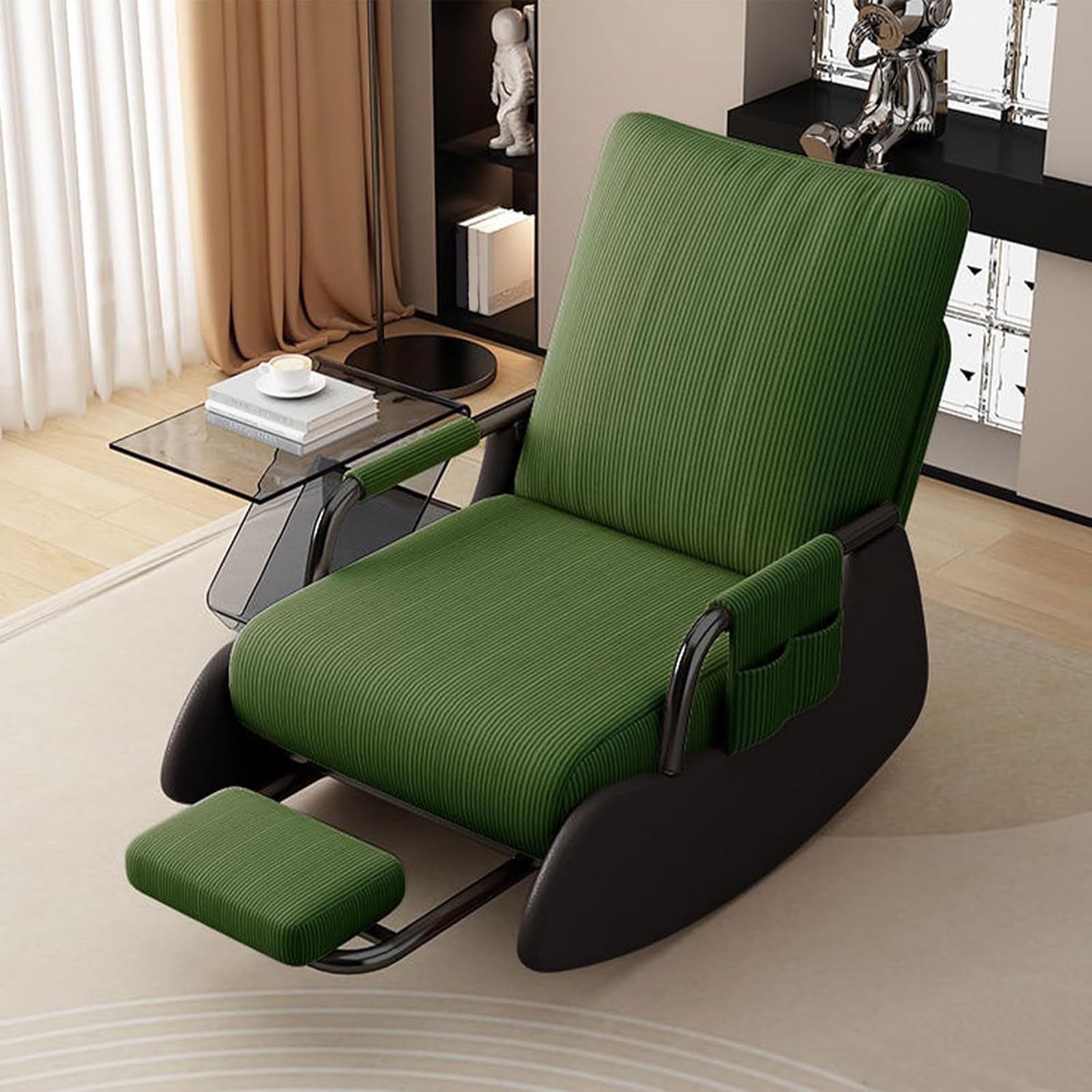 Mecedora plegable con respaldo alto, asiento acolchado suave, reposapiés, reposabrazos y bolsa de almacenamiento, ideal para balcón familiar o espacios de lectura