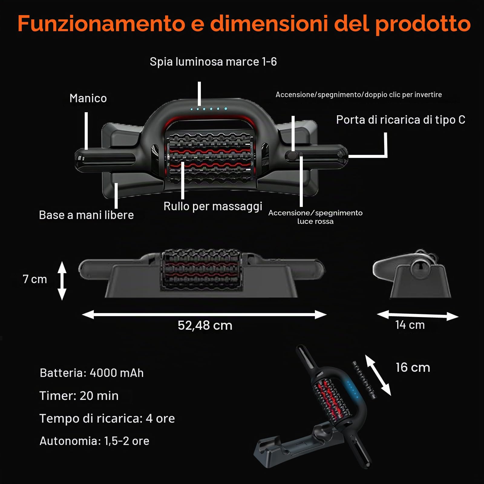 Massaggiatore Elettrico a Rullo Manuale - Rullo Massaggiante per Tessuti Profondi con Base a Mani Libere, Ricaricabile, con 6 Velocità, per Rilassare i Muscoli di tutto il Corpo