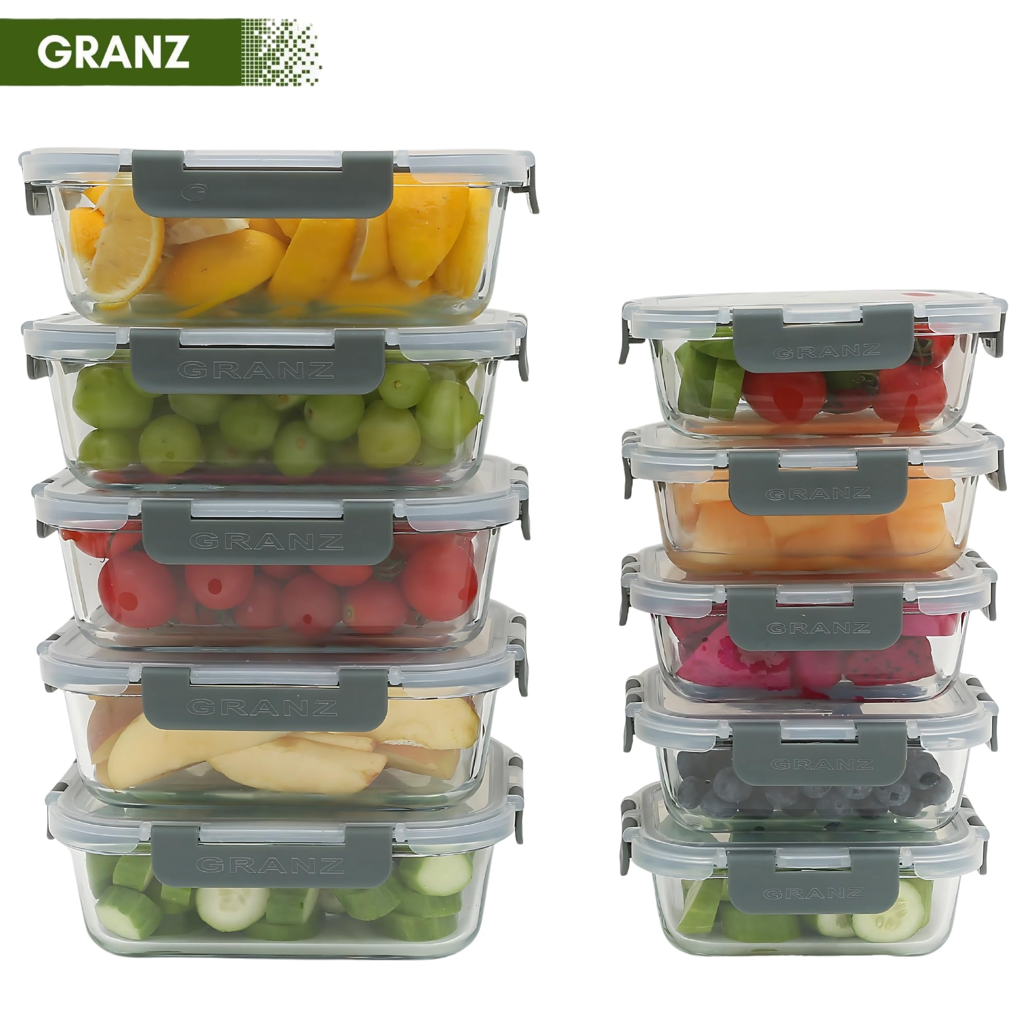 GRANZ Contenitori per alimenti in vetro, senza BPA, con coperchio ermetico a scatto, a prova di perdite, impilabili, ecologici, riutilizzabili, per microonde e lavastoviglie (5 m, 5 L)
