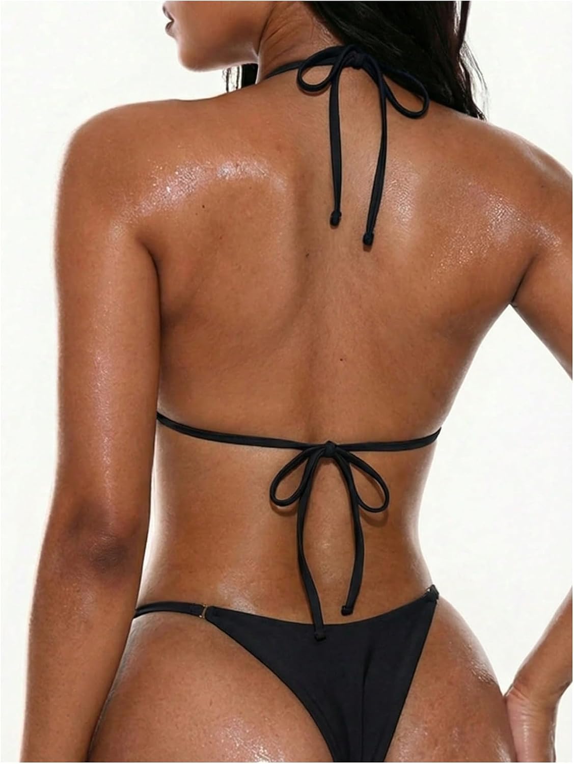 BEAUDRM Women's 2 Piece Sexy Micro Bikini Sets Eyelet Grommets Triangle Halter Bathing Suit Tie Back Cheeky Swimsuit