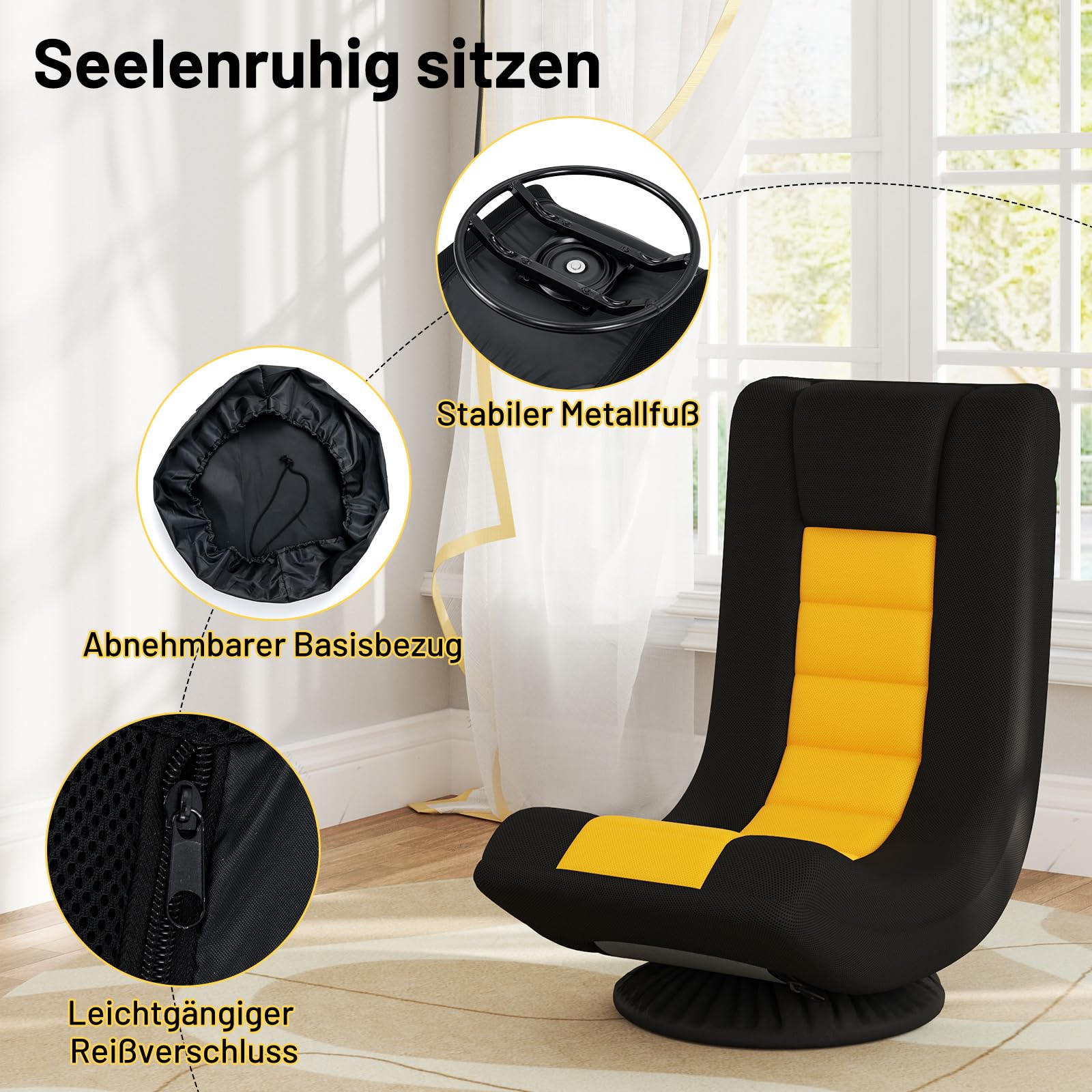 COSTWAY Bodenstuhl 360° drehbar, klappbares Bondensofa mit Verstellbarer Rückenlehne, Bodensessel, Relaxsessel zum Fernsehen, Lesen, Gaming (Gelb)
