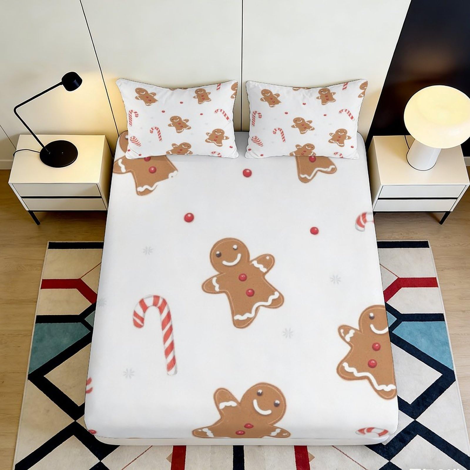 3D Printed Gingerbread Candy Fitted Sheet Microfiber Soft Breathable Christmas Bed Cover for Bedroom Dorm Decoration 90x200x25cm
